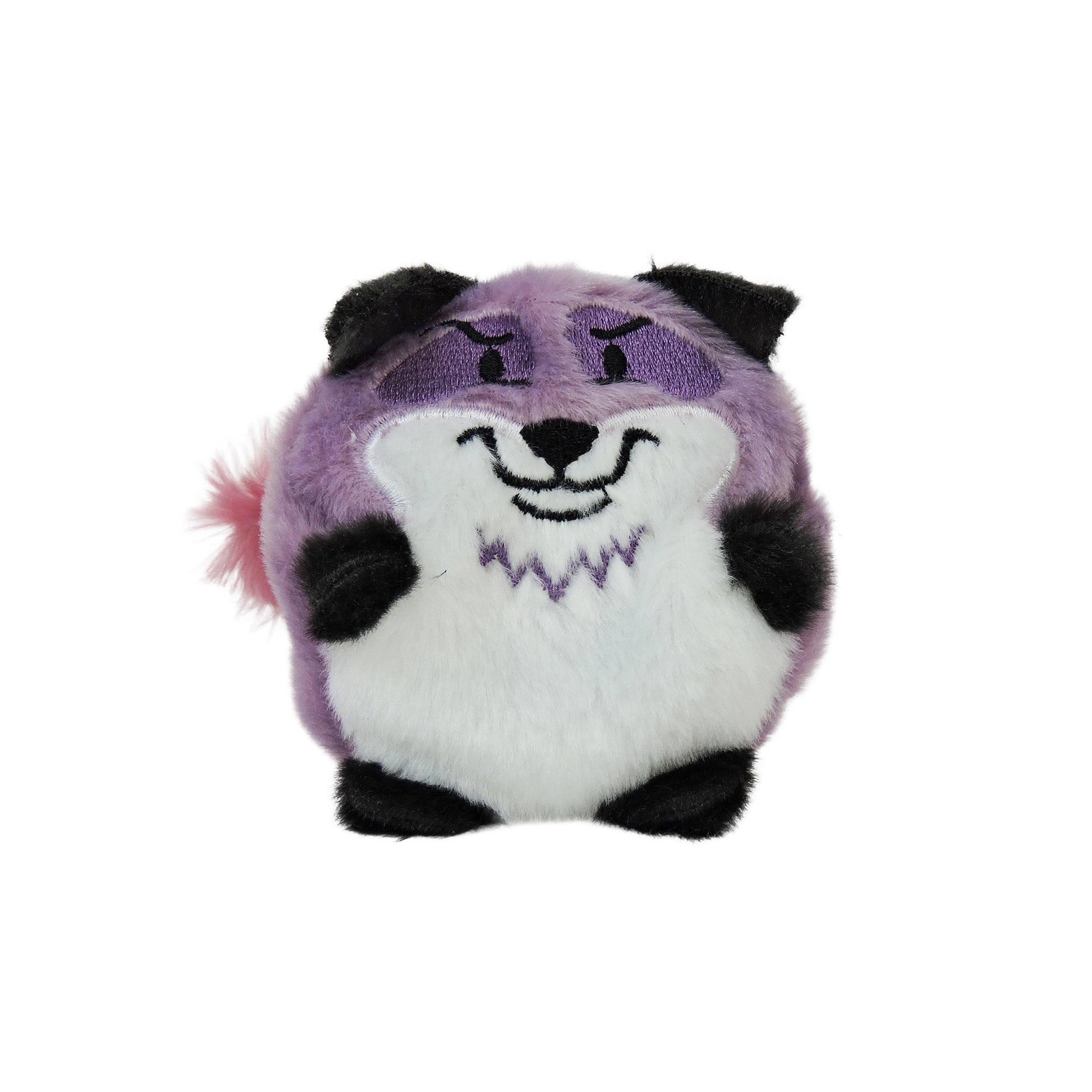 The Sugar Skwisheez: Dumpster Divers by Sugar Skwisheez is a round, plush, purple and white fox with black ears, paws, and face details, a fluffy pink tail, a smiling face, and soft texture for sensory delight.