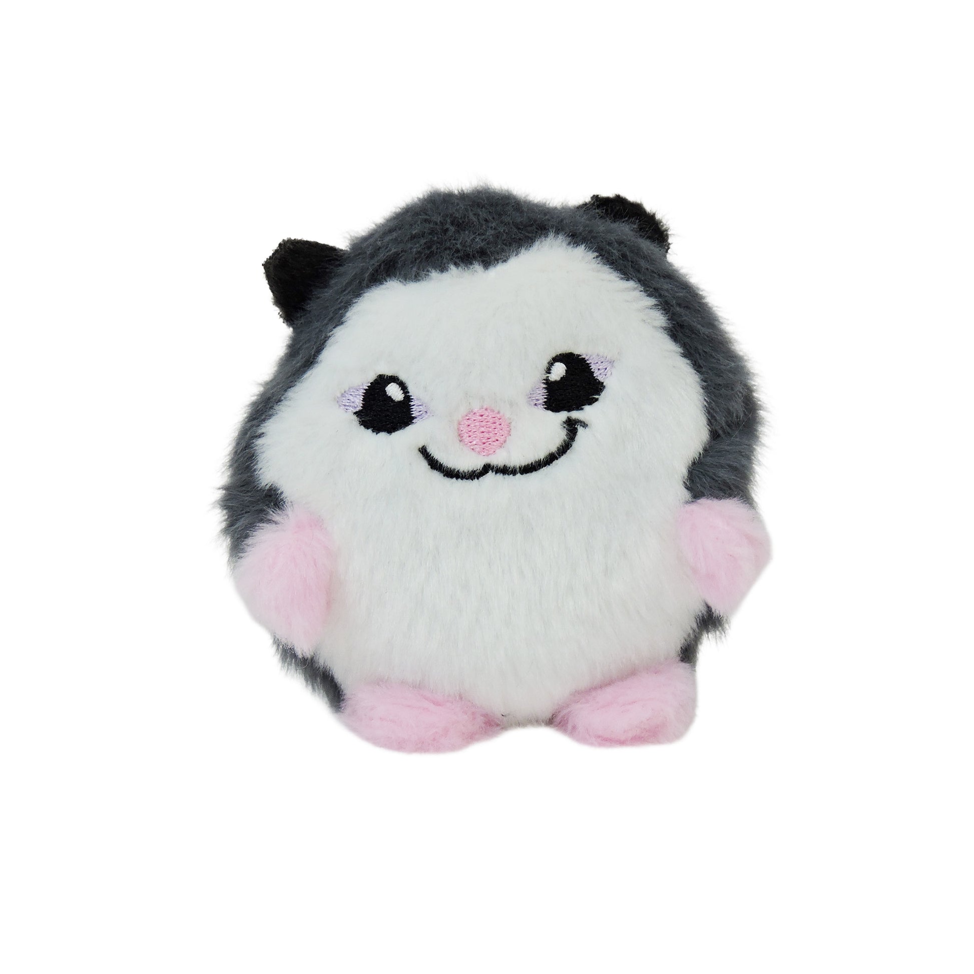 Sugar Skwisheez: Dumpster Divers is a round, fluffy plush with white and gray fur, pink ears, feet, cheeks, black eyes with white highlights, a small pink nose, and a wide smile—perfect for sensory fun.