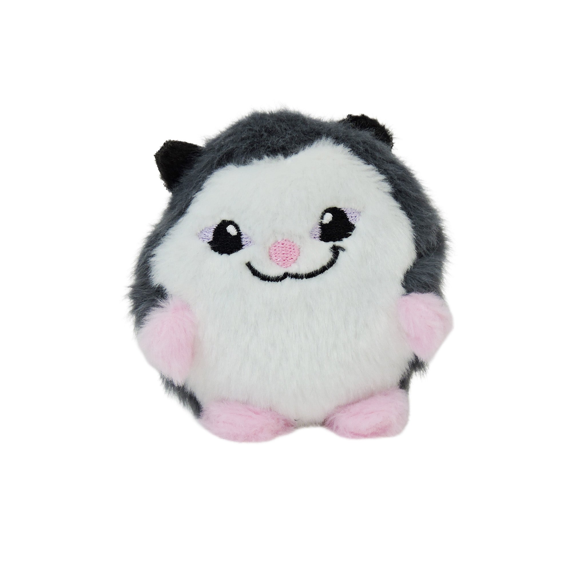 Sugar Skwisheez: Dumpster Divers is a round, fluffy plush with white and gray fur, pink ears, feet, cheeks, black eyes with white highlights, a small pink nose, and a wide smile—perfect for sensory fun.