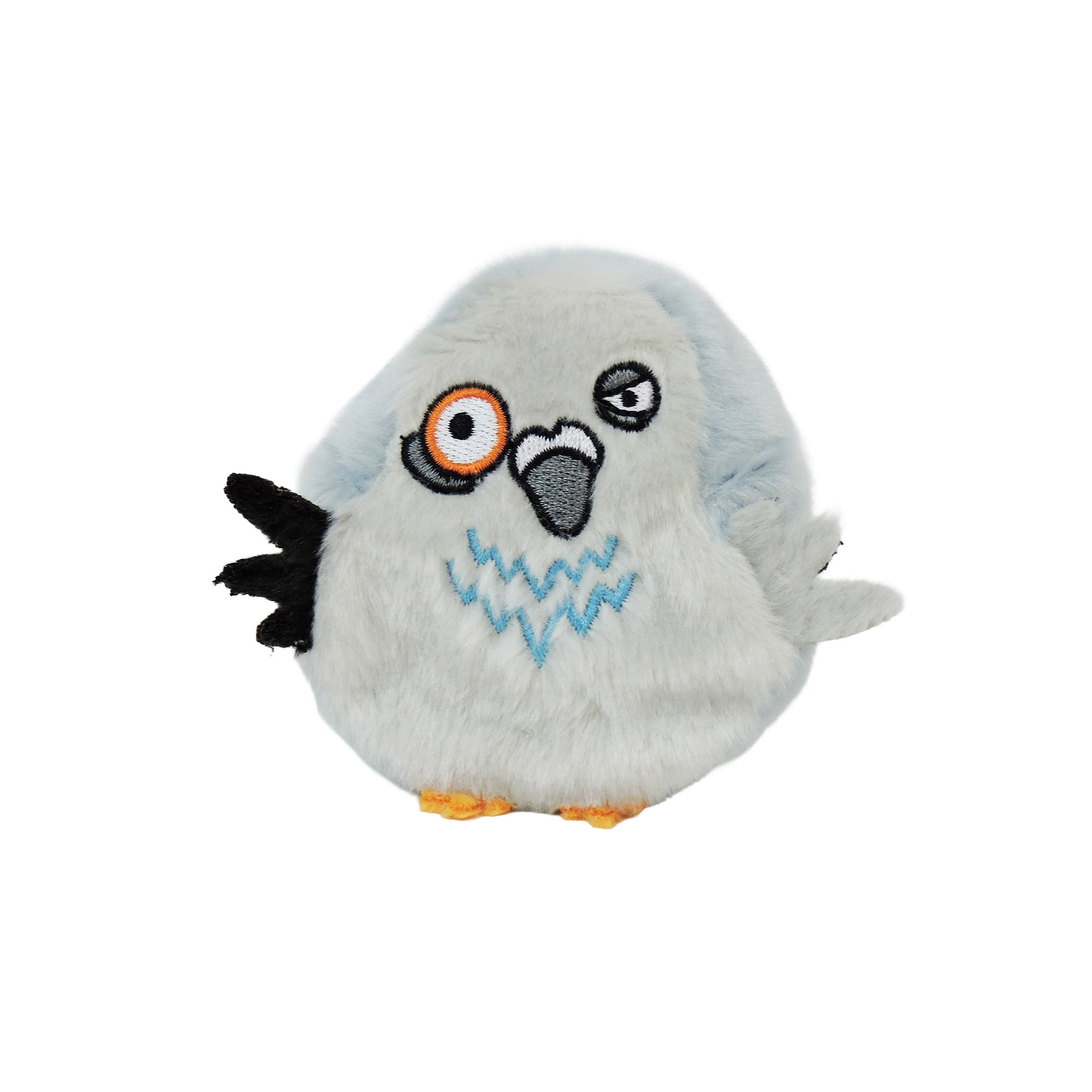 The Sugar Skwisheez: Dumpster Divers by Sugar Skwisheez is a round, plush pigeon fidget toy with light gray fur, black wings, orange and black cartoon eyes, blue zigzag chest stitching, and small orange feet on a white background.
