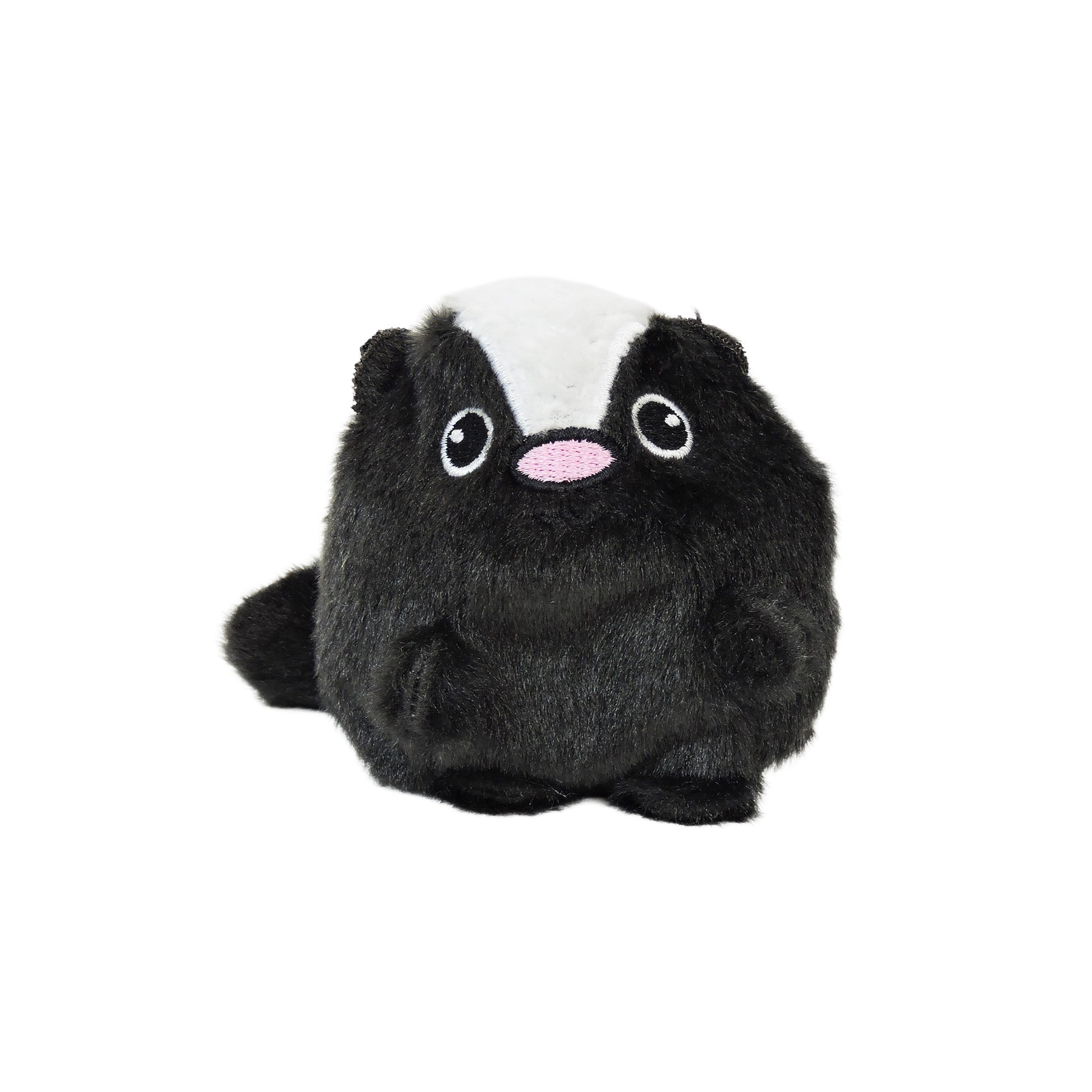 The Sugar Skwisheez: Dumpster Divers by Sugar Skwisheez is a plush skunk with black fur, a white head stripe, pink nose, and large round eyes, displayed on a white background.