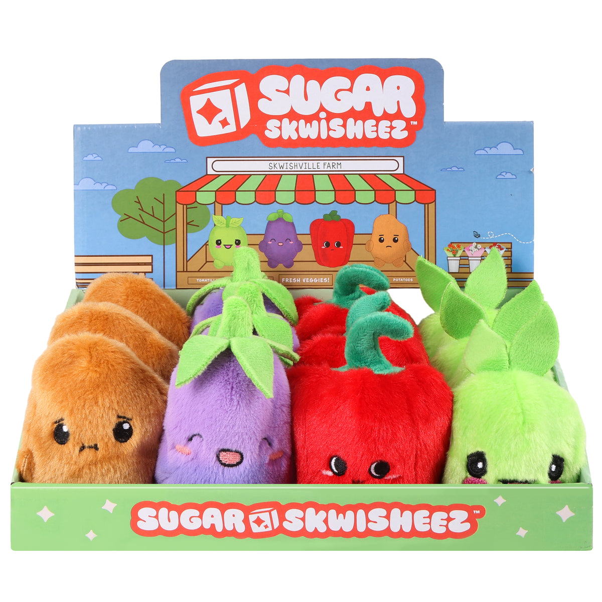 Pre-order Sugar Skwisheez Night Shades from Sugar Skwisheez—plush toys shaped like eggplant and chili pepper, featuring smiling faces against a colorful farm-themed background. Enjoy their slow-rising squeeze in a fun display box!.