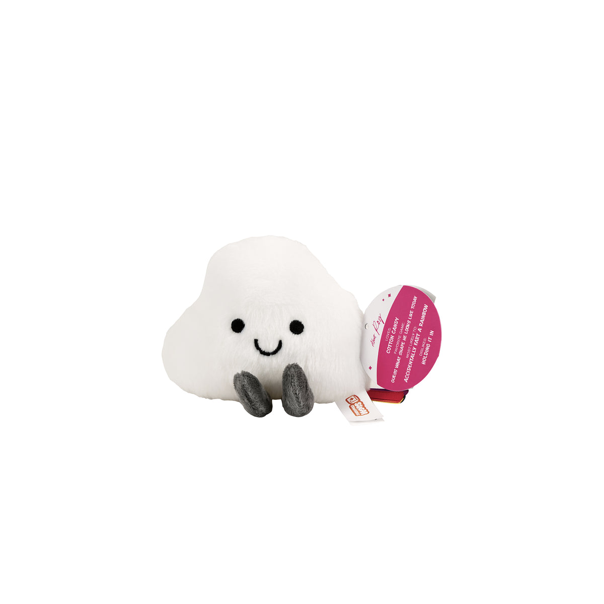 Sugar Skwisheez April Showers is a smiling white plush cloud toy with dangling grey feet and a pink circular hangtag, part of our spring collection of sensory toys.
