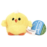 A round, yellow Sugar Skwisheez Hoppy Spring Limited Edition sensory toy chick with orange feet and a small tag attached to its side.