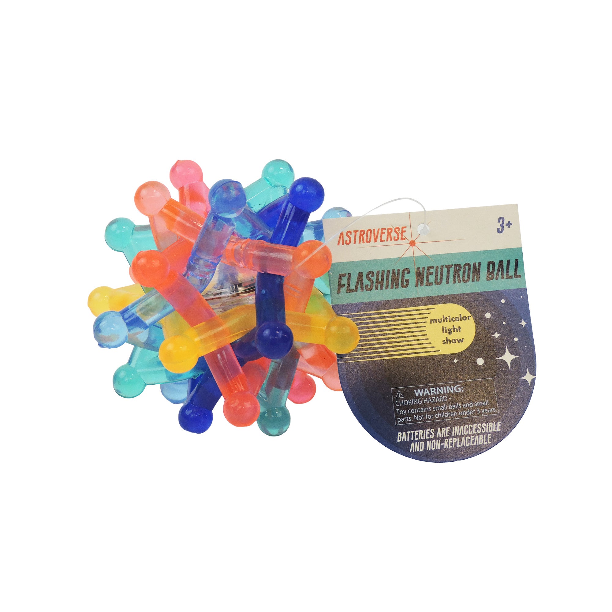The Astroverse Flashing Neutron Ball is a spiky, colorful sensory toy for ages 3+, featuring multicolor lights, a flashing bouncy design, non-replaceable batteries, and the quality of the Astroverse brand.