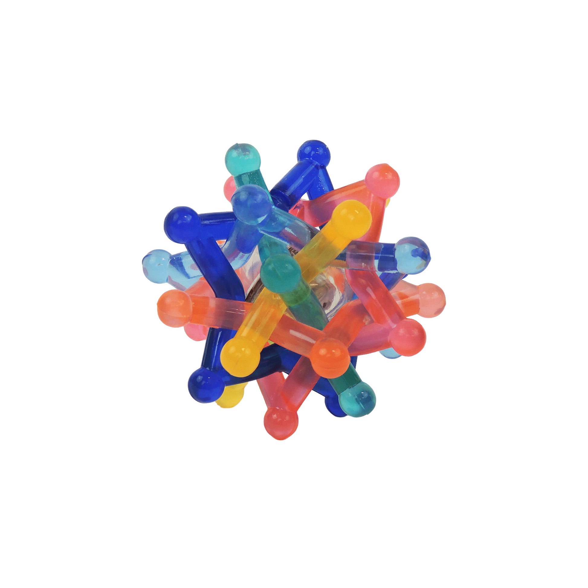 The Astroverse Flashing Neutron Ball by Astroverse is a colorful sensory toy of interconnected translucent rods with round ends, forming a star-like shape in blue, orange, pink, red, yellow, and green that pops against any white background.