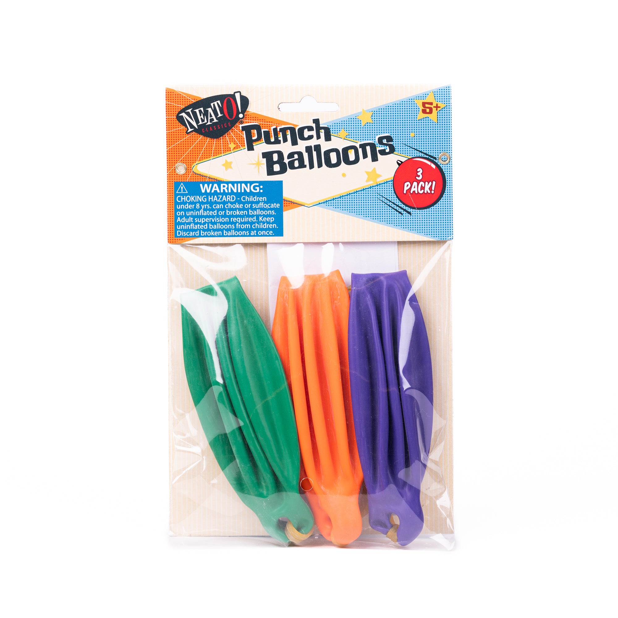 Neato! Punch Balloons by Neato! includes three uninflated balloons in green, orange, and purple for ages 5+, promoting active play. Warning: Choking hazard.