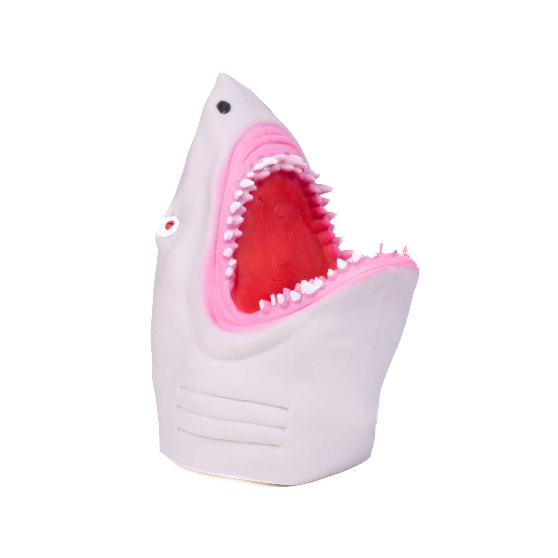 The Toysmith Shark Hand Puppet by Toysmith features a wide-open mouth with pointed white teeth, red interior, mostly white coloring, pink accents around the mouth, and a small black eye on the side.