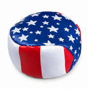 The Toysmith 2in USA Hacky Sack, by Toysmith, is a round bean bag toy inspired by the American flag with a blue top, white stars, and red and white striped sides—patriotic and portable for any room.