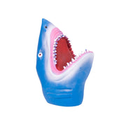 The Toysmith Shark Hand Puppet by Toysmith is a blue and white rubber shark head toy with an open mouth, showing white teeth and a red interior, isolated on a white background.