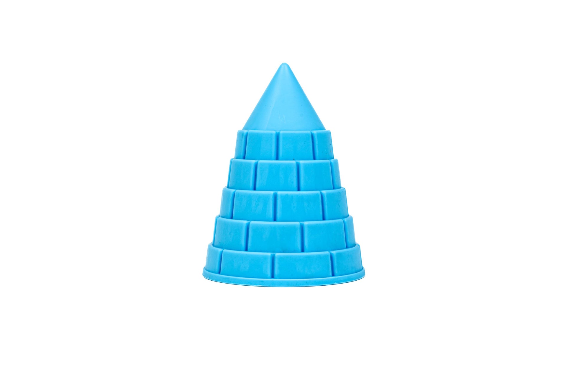 A pink, cone-shaped plastic Toysmith sand bucket from the Toysmith 6pc Set, featuring brick-like patterns and used as a sandcastle mold, is shown upright against a white background.