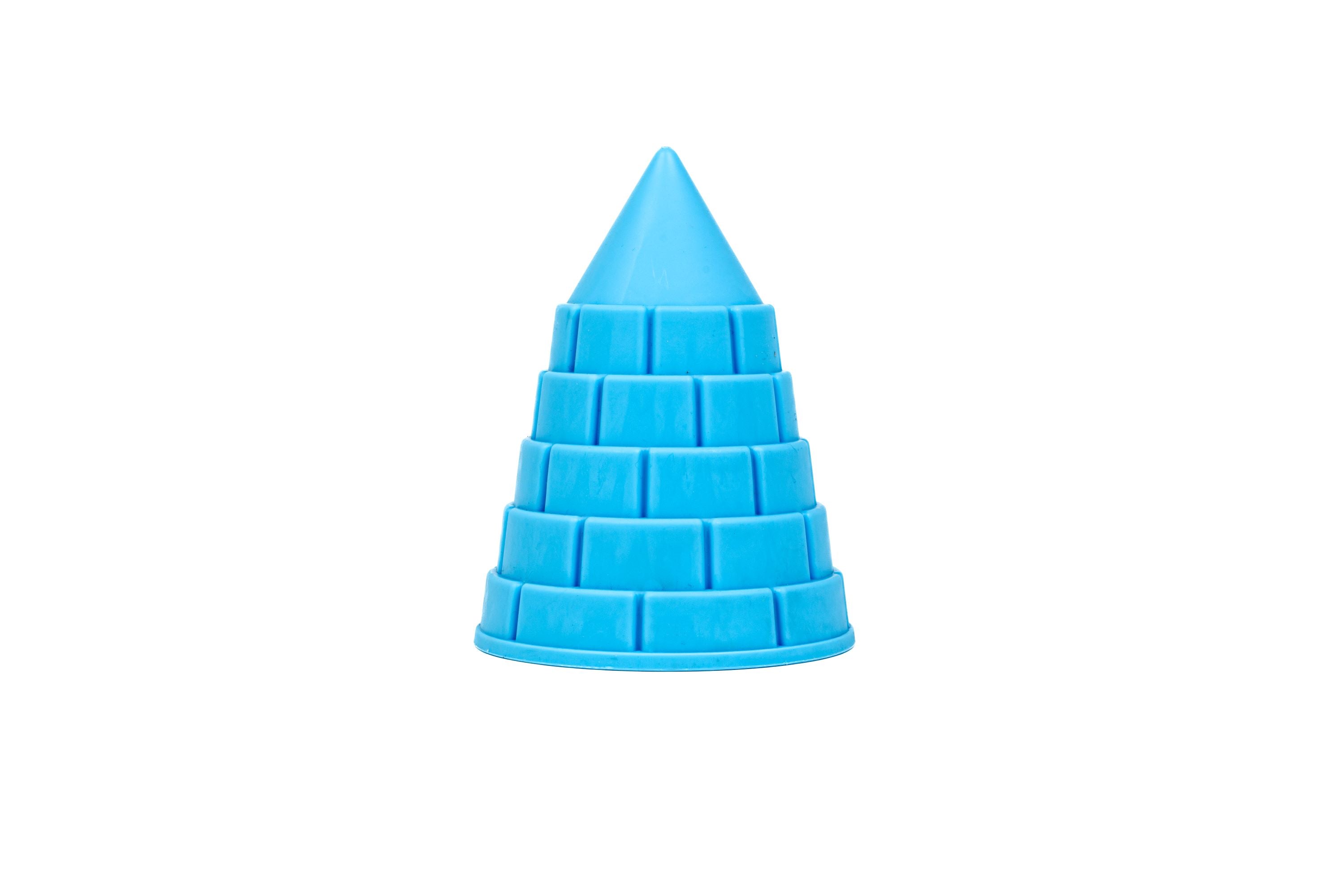 A pink, cone-shaped plastic Toysmith sand bucket from the Toysmith 6pc Set, featuring brick-like patterns and used as a sandcastle mold, is shown upright against a white background.