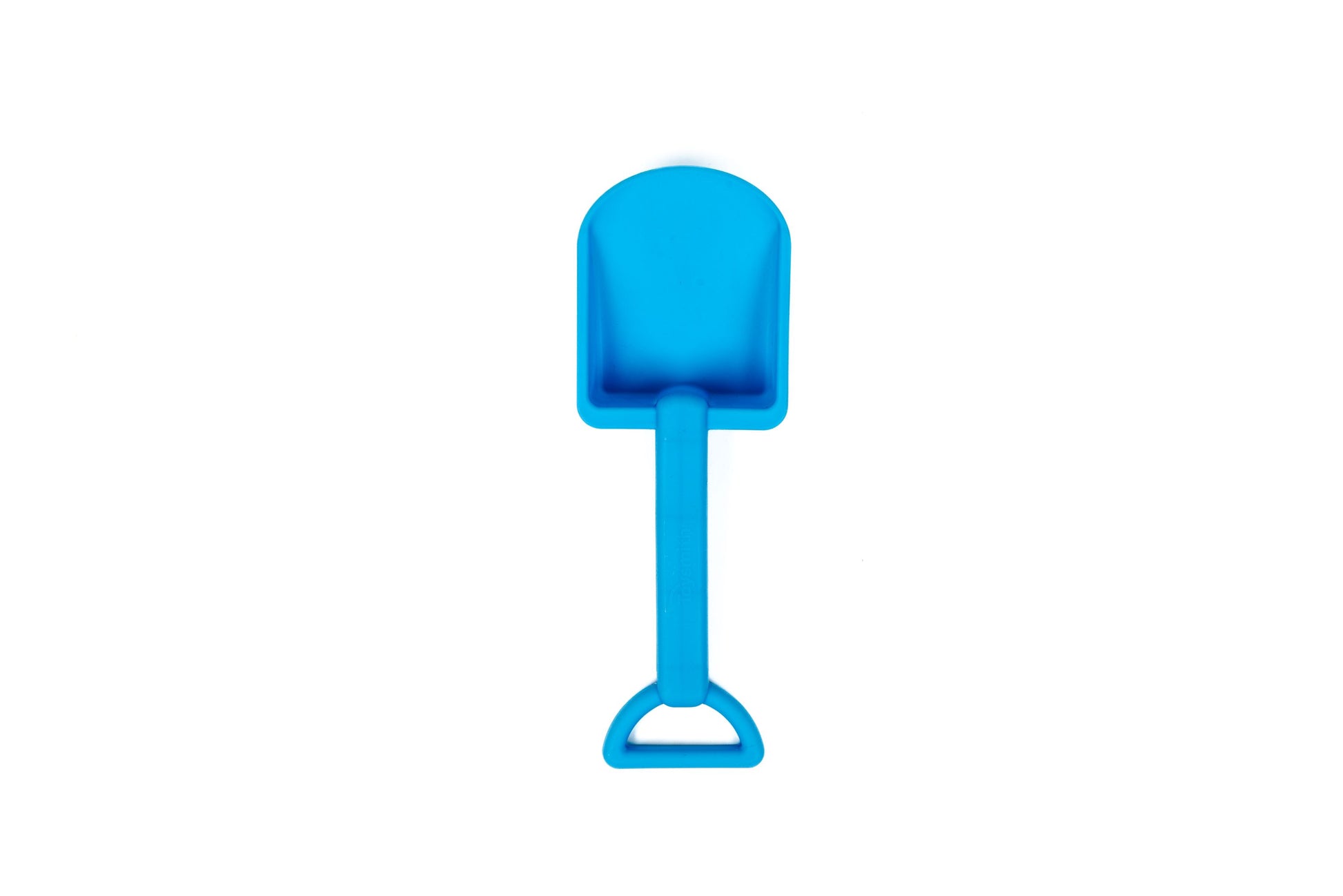 A small blue plastic toy shovel with a flat blade and D-shaped handle, from Toysmith, pairs perfectly with the Toysmith 6pc Set Pink Sand Bucket Set; photographed on a white background.