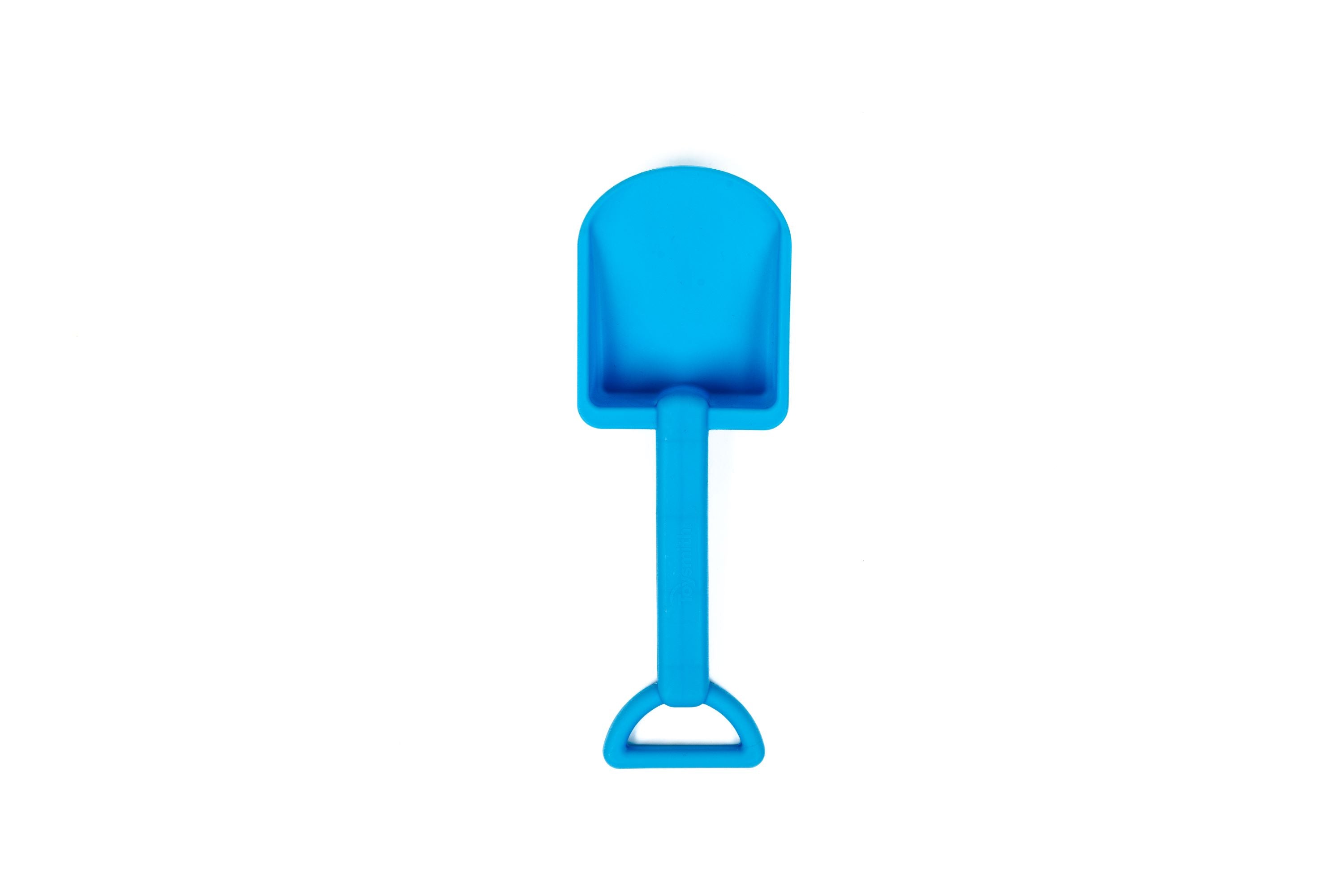 A small blue plastic toy shovel with a flat blade and D-shaped handle, from Toysmith, pairs perfectly with the Toysmith 6pc Set Pink Sand Bucket Set; photographed on a white background.