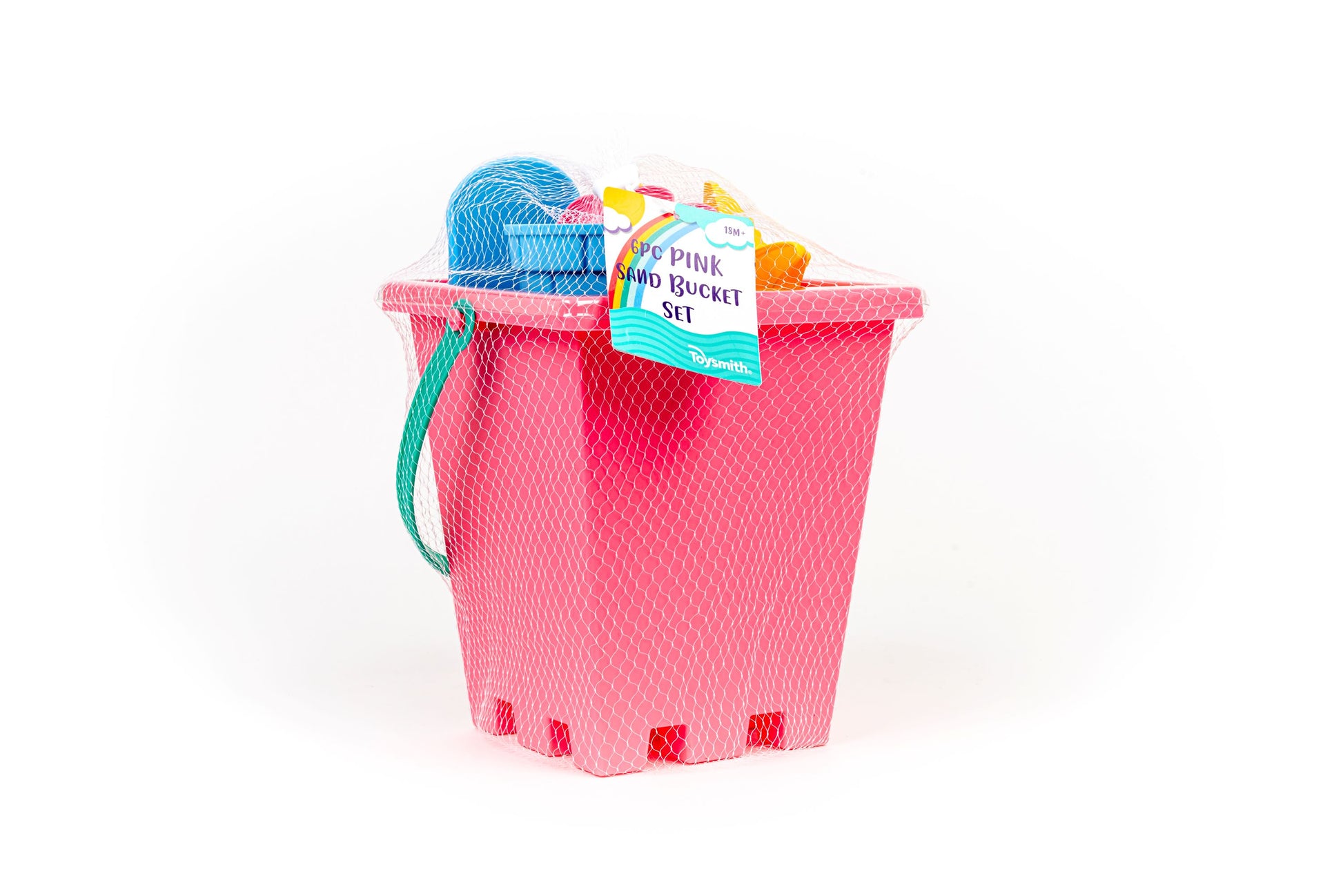 The Toysmith 6pc Set Pink Sand Bucket Set by Toysmith features a pink bucket with a green handle, blue ball, yellow beach toys, sandcastle molds, and comes in net packaging with a colorful label, shown against a white background.