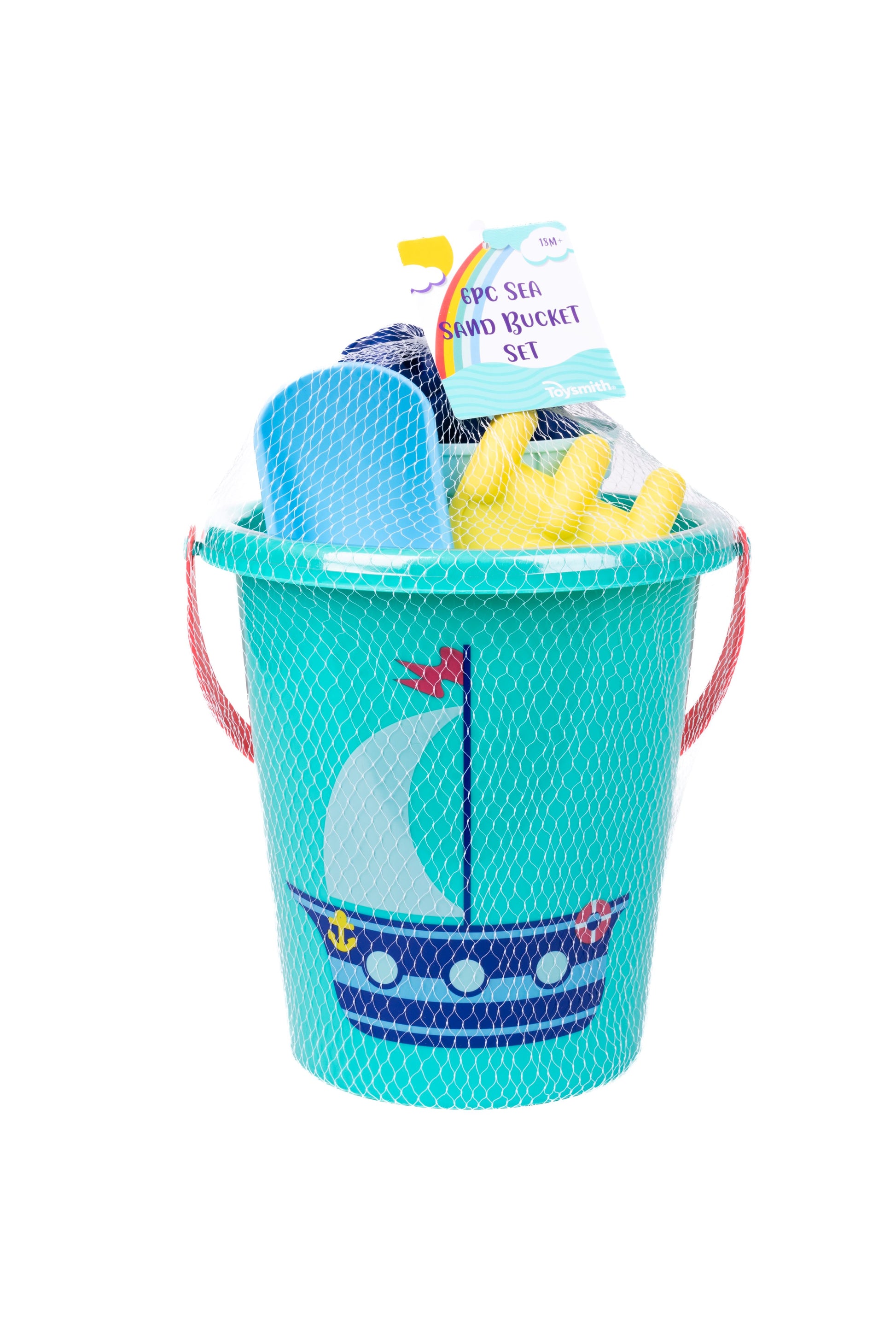 The Toysmith 6pc Set Ship Sand Bucket Set features a teal plastic bucket with a sailboat design, red handle, mesh covering, and includes colorful beach toys like a shovel and sandcastle molds.