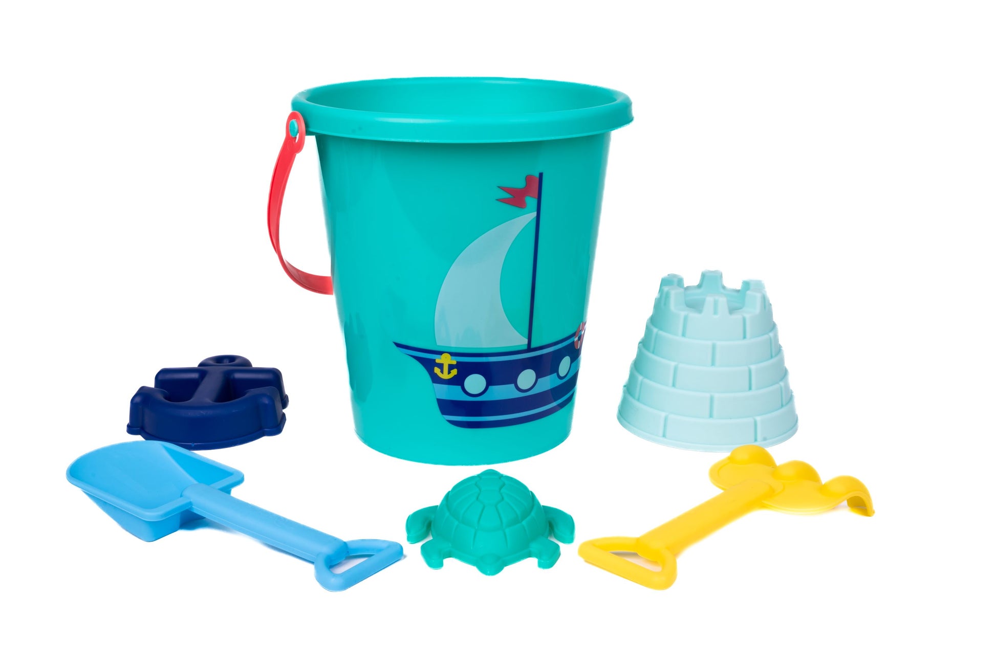 The Toysmith 6pc Set Ship Sand Bucket Set by Toysmith includes a turquoise ship-shaped bucket, blue shovel, yellow rake, and three sandcastle molds (turtle, boat, castle), all displayed on a white background.