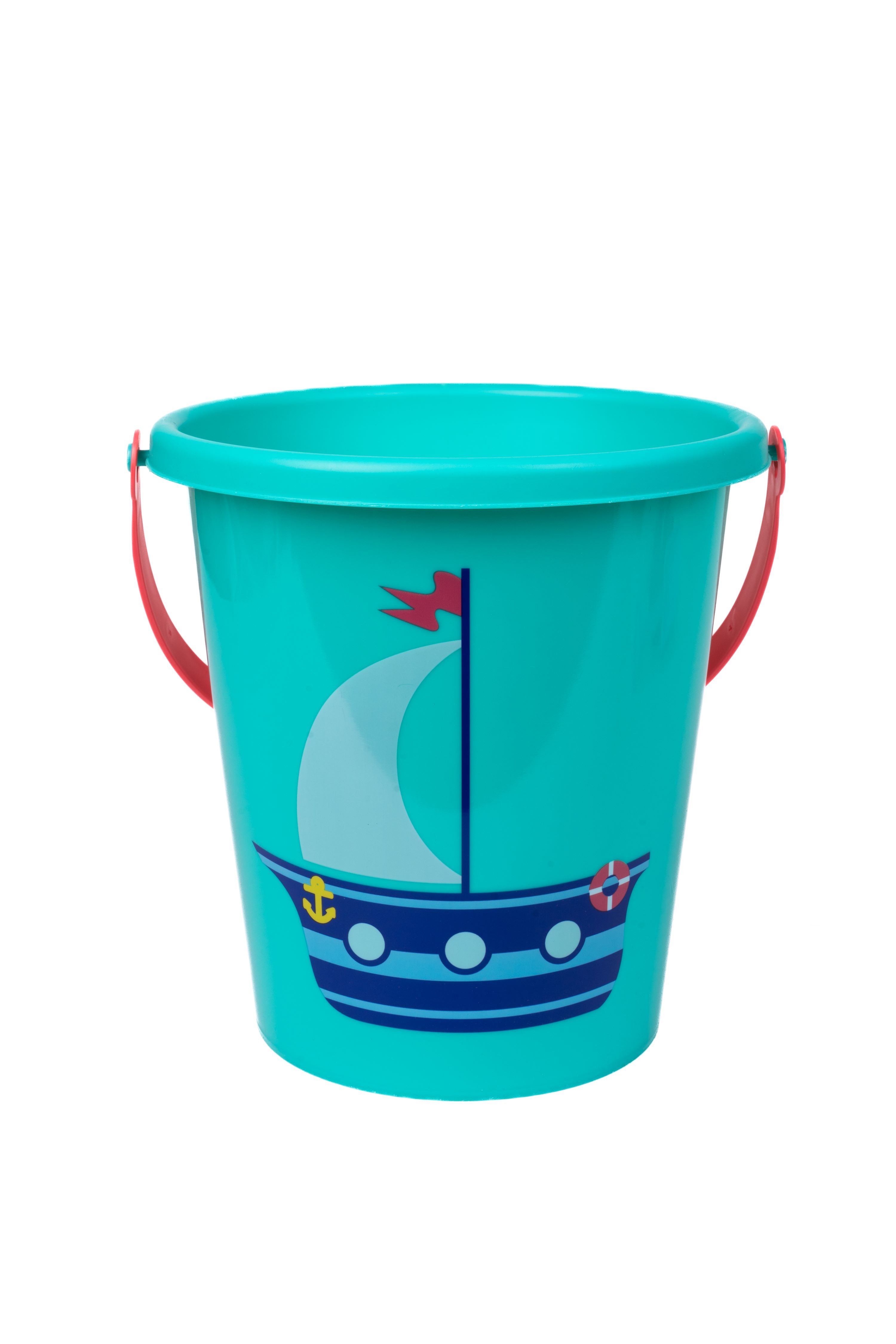 The Toysmith 6pc Set Ship Sand Bucket Set features a bright blue plastic bucket with a red handle and cartoon sailboat design, including a white sail, anchor, and lifebuoy—perfect for beach toys or ship-themed play.