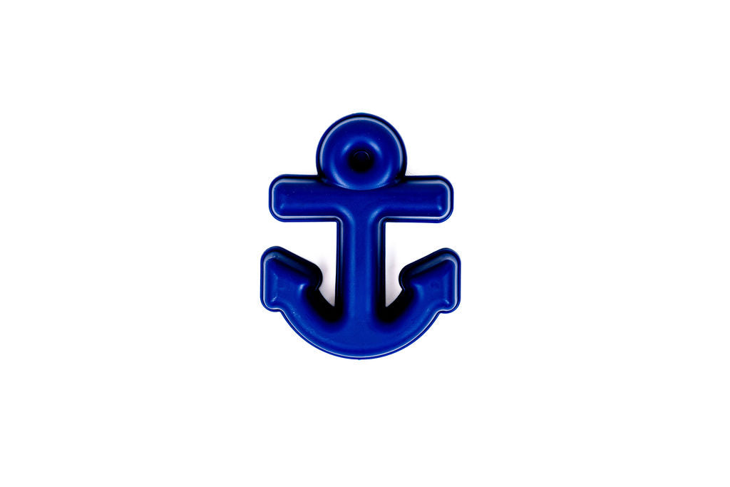 A blue plastic anchor from the Toysmith 6pc Set Ship Sand Bucket Set by Toysmith is centered on a plain white background, ideal for beach play or as part of a nautical-themed toy collection.