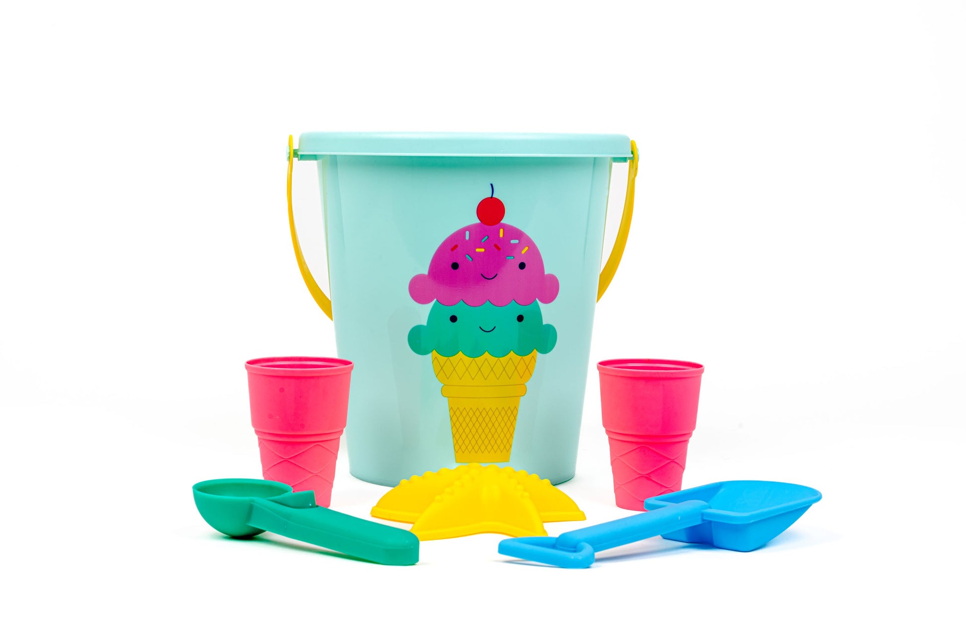 The Toysmith 6pc Set Ice Cream Sand Bucket Set features a pale blue bucket, two pink cone cups, a green scoop, a blue shovel, and yellow sand molds by Toysmith, displayed on a white background.