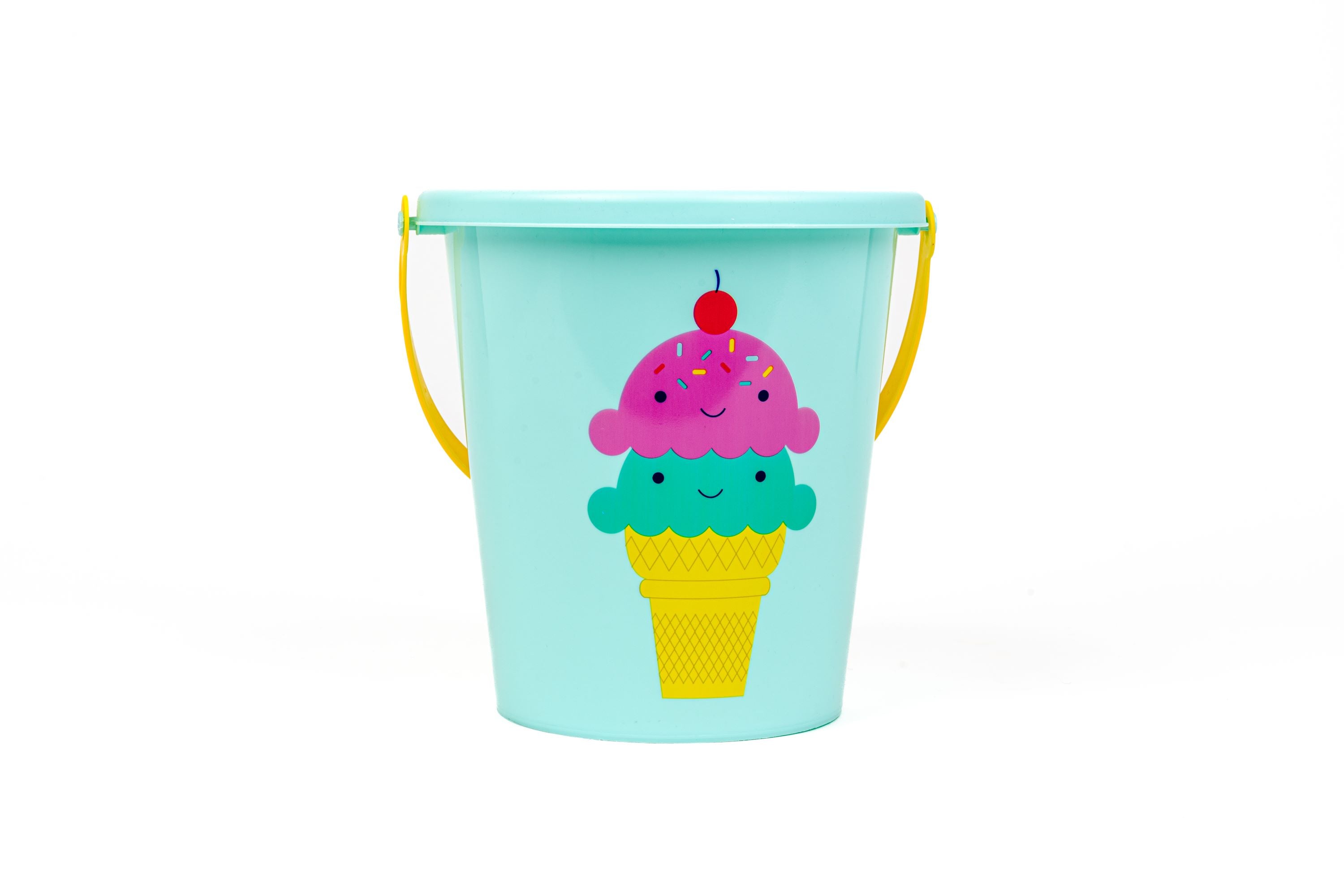 The Toysmith 6pc Set Ice Cream Sand Bucket Set features a light blue bucket with a yellow handle and a cute ice cream cone illustration—pink and green smiling scoops, sprinkles, and cherry—perfect for your beach toy collection.