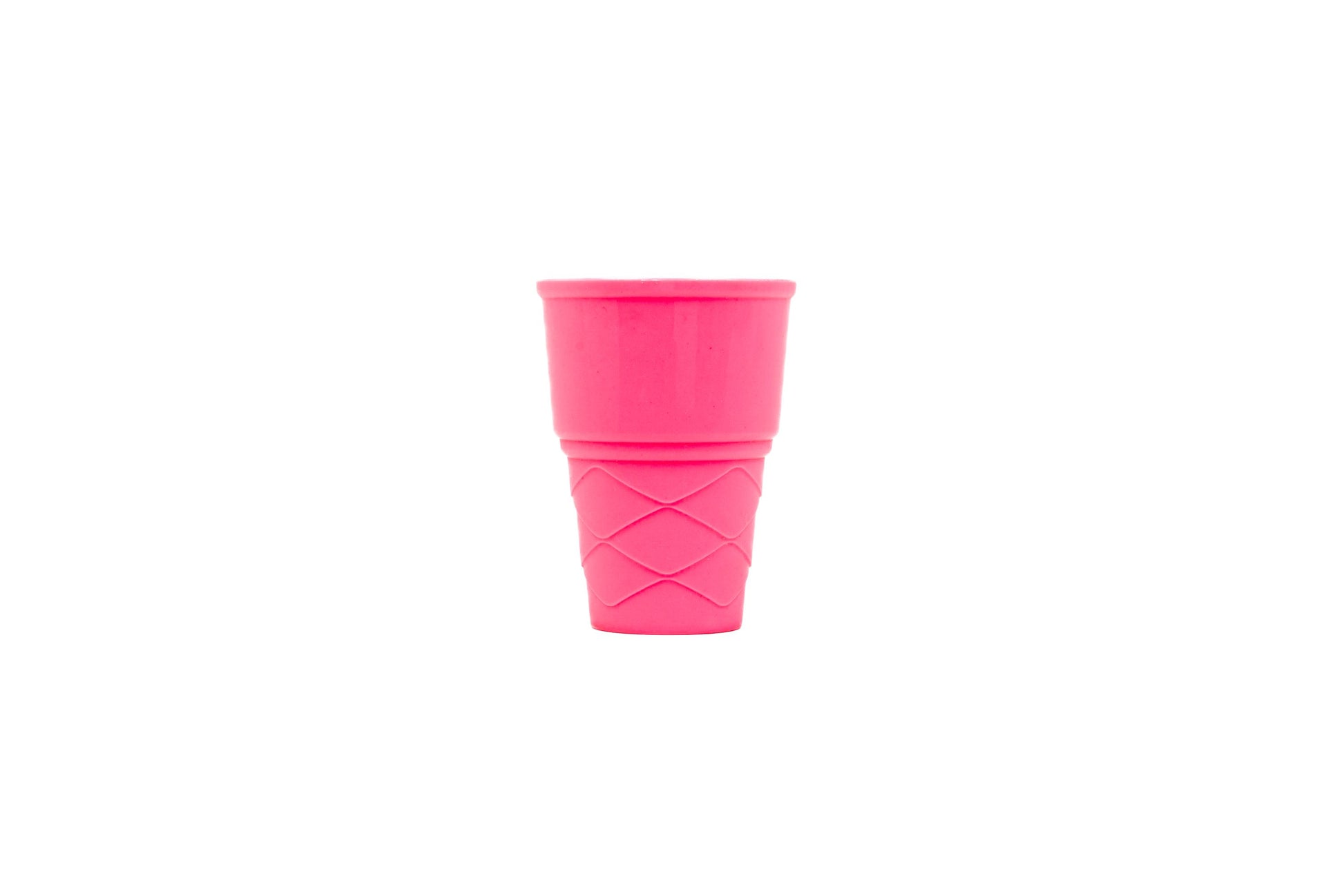 A bright pink plastic cup from the Toysmith 6pc Set Ice Cream Sand Bucket Set, featuring a diamond-textured base, is centered on a plain white background.