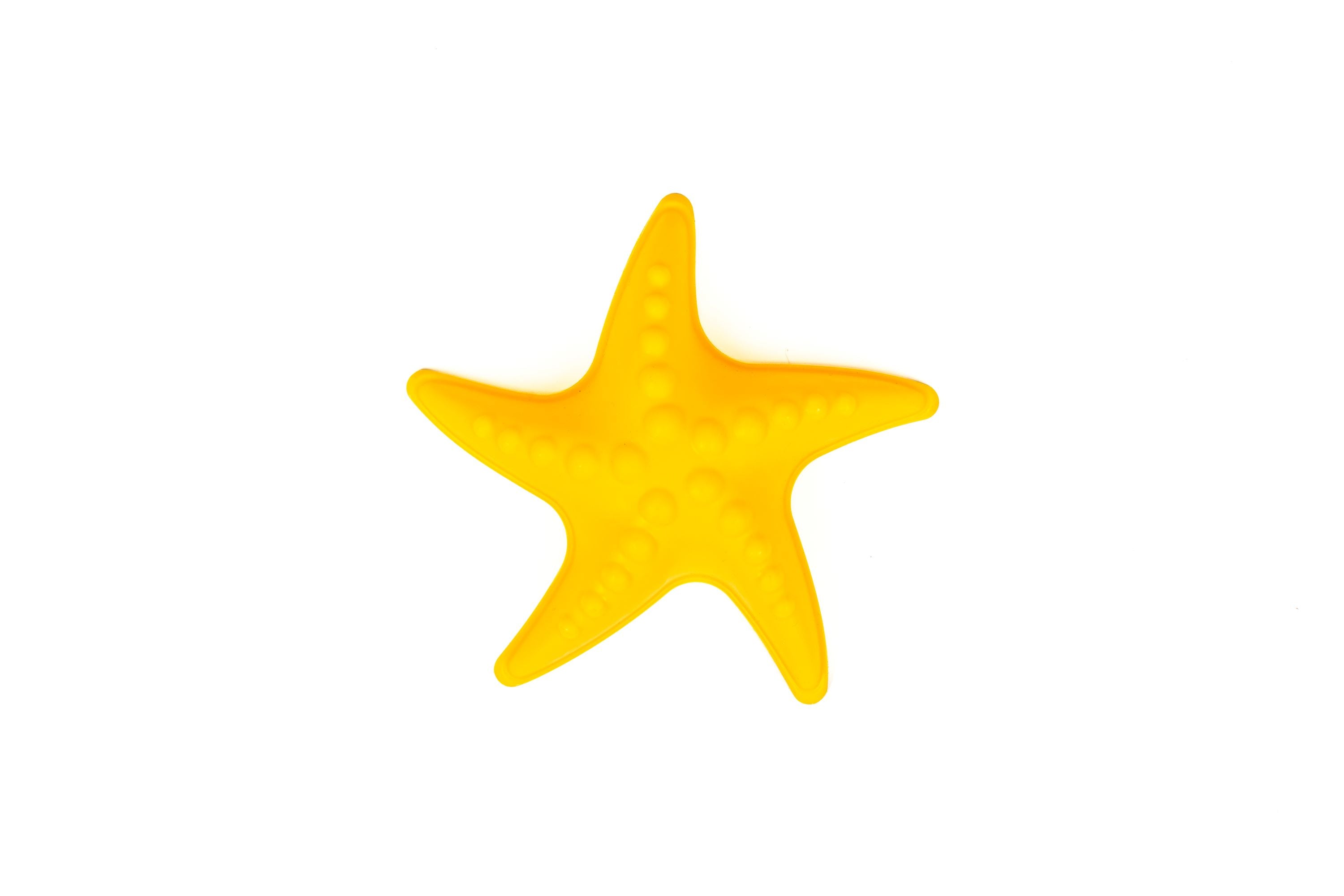 A bright yellow starfish, styled like a classic sand mold from the Toysmith 6pc Set Ice Cream Sand Bucket Set, is centered on a plain white background.