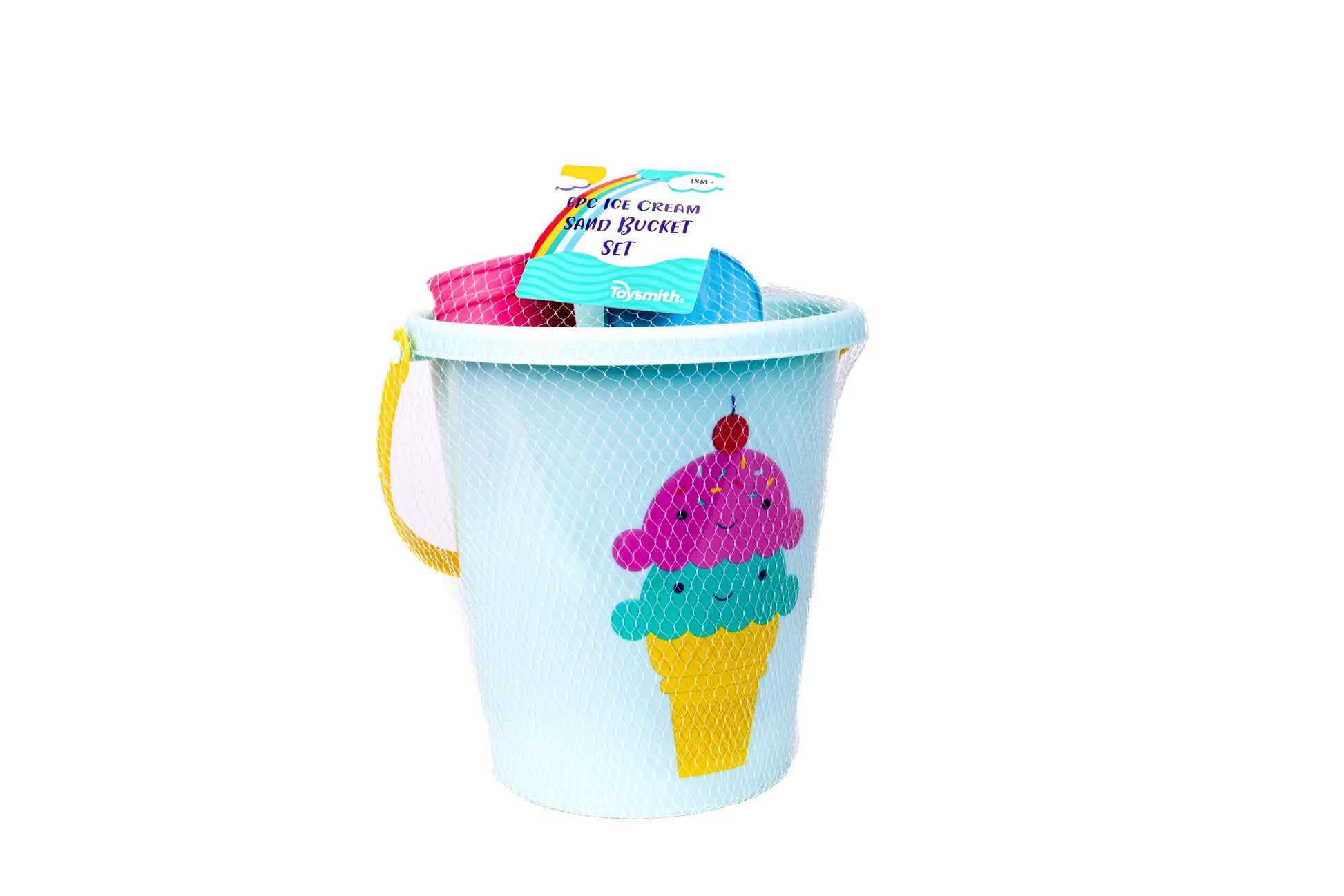 The Toysmith 6pc Set Ice Cream Sand Bucket Set features a blue bucket with a yellow handle and ice cream cone graphic, packaged in a white mesh bag, containing colorful sand molds inside.