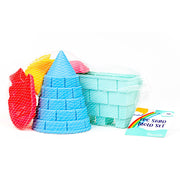 The Toysmith 6PC Sand Mold Set includes colorful plastic beach toys, with blue sandcastle molds and red and yellow leaves, all packed in a white mesh bag with a Toysmith tag.