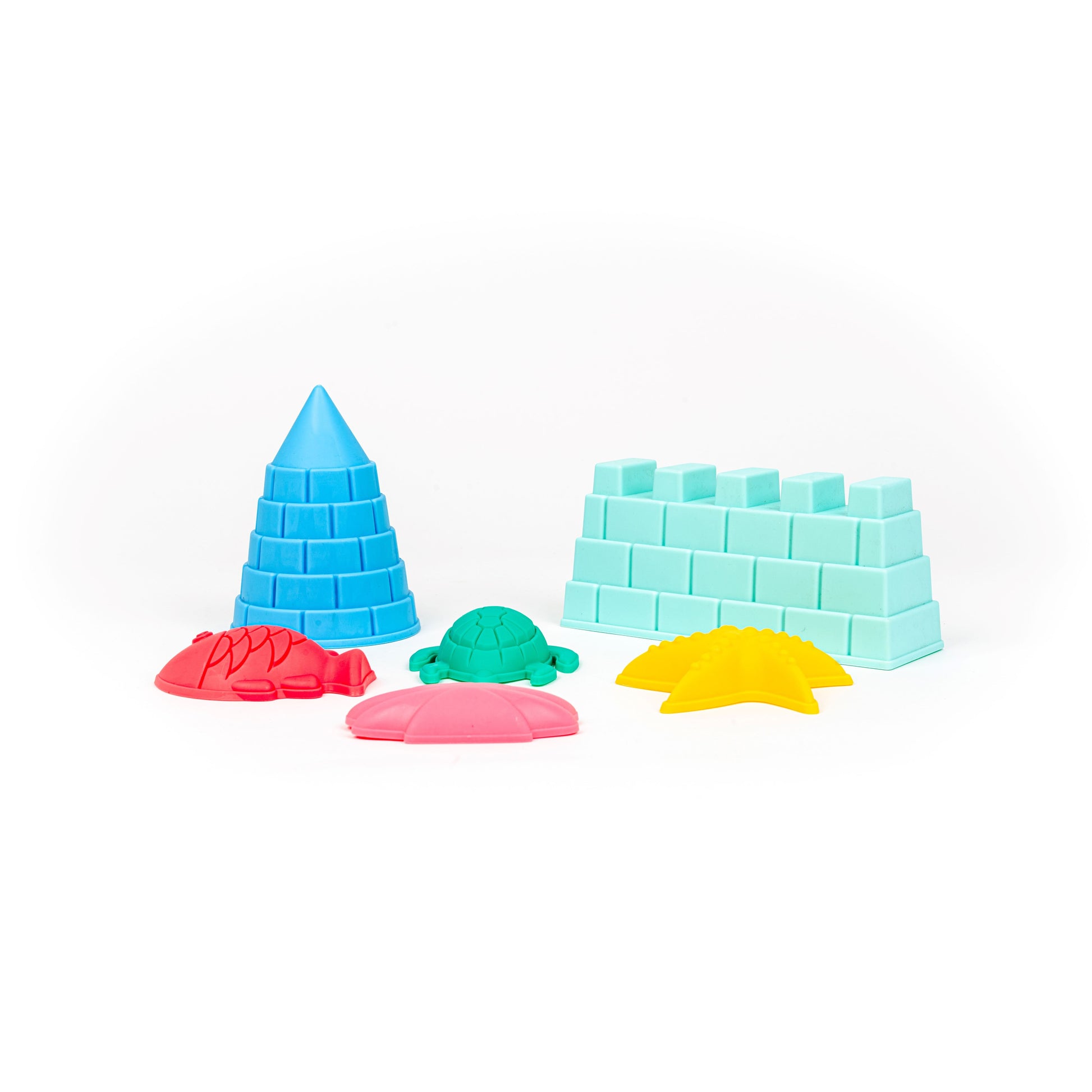 The Toysmith 6PC Sand Mold Set by Toysmith features colorful plastic beach toys and sandcastle molds—blue cone tower, green turtle, red crab, red shell, and yellow starfish—arranged on a white background.
