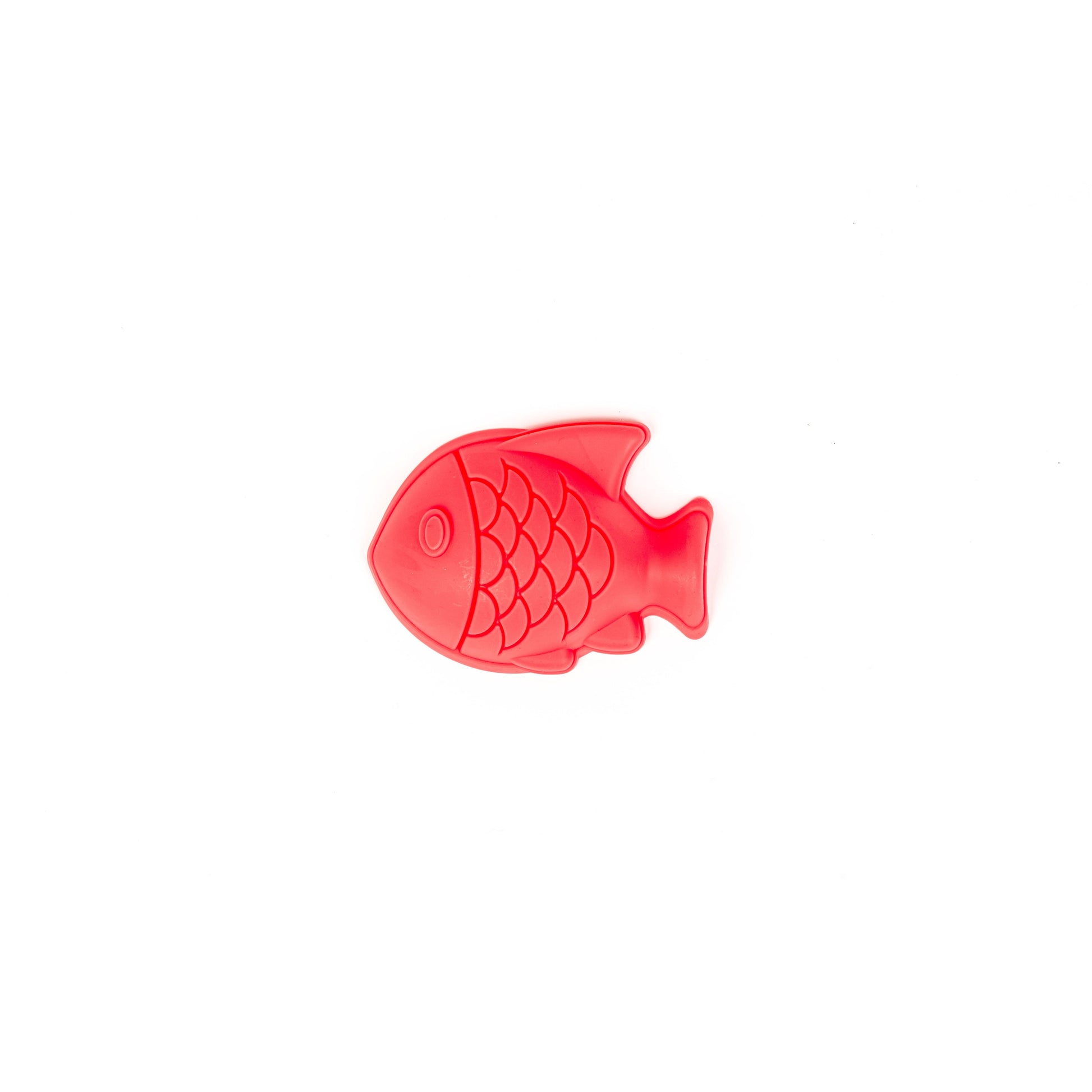 A red, plastic fish-shaped mold with scale and fin details from the Toysmith 6PC Sand Mold Set, perfect for creative sandcastle building—shown centered on a plain white background.