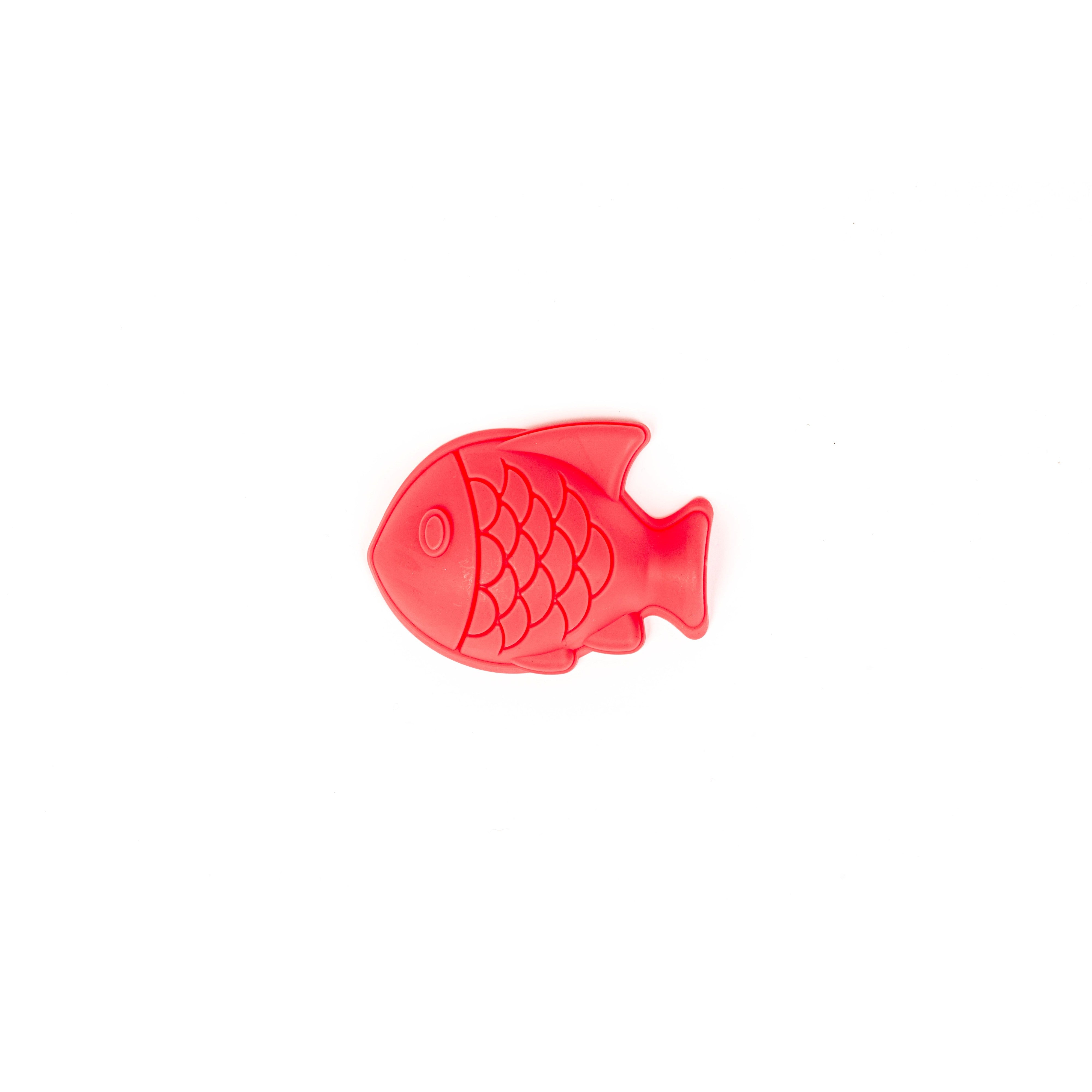 A red, plastic fish-shaped mold with scale and fin details from the Toysmith 6PC Sand Mold Set, perfect for creative sandcastle building—shown centered on a plain white background.