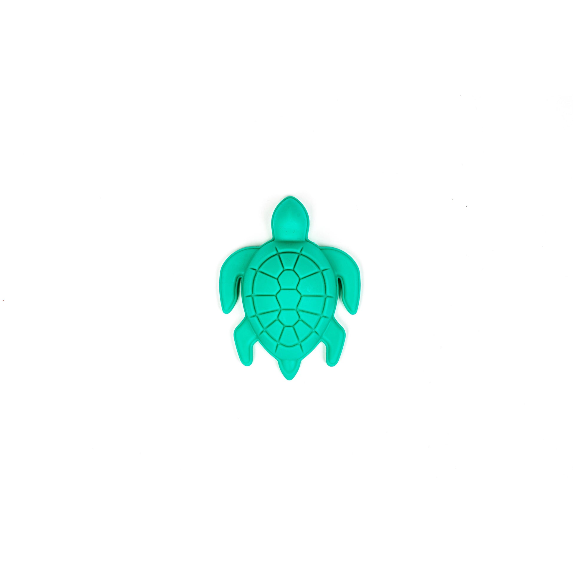 A small, turquoise turtle from the Toysmith 6PC Sand Mold Set by Toysmith is centered on a white background, featuring a simple, stylized design perfect for making sandcastles.