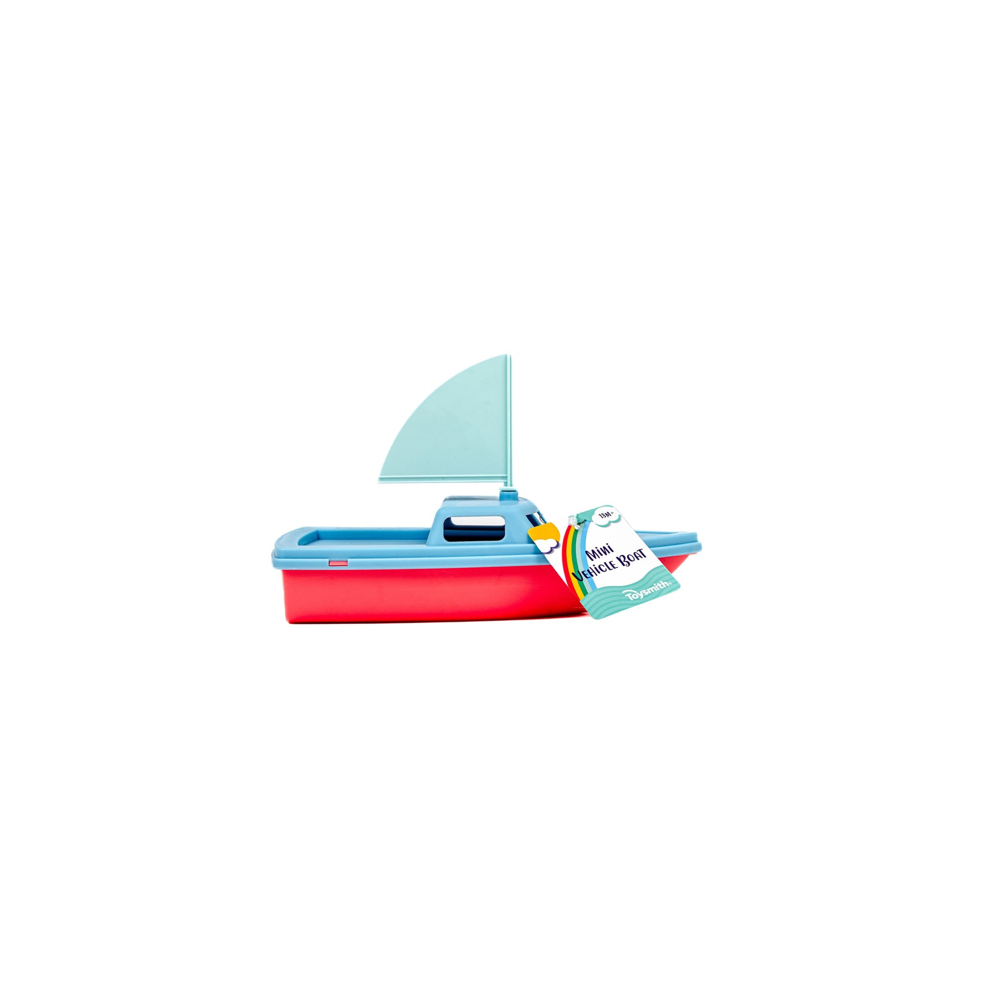 A small Toysmith Mini Vehicle Boat with a red hull, blue interior, and light blue sail is displayed on a white background. This floating boat features a tag that reads "mini sail boat" and the Toysmith brand.