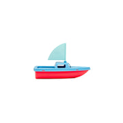 The Toysmith Mini Vehicle Boat by Toysmith features a simple plastic design with a red hull and light blue deck and sail, shown against a plain white background.