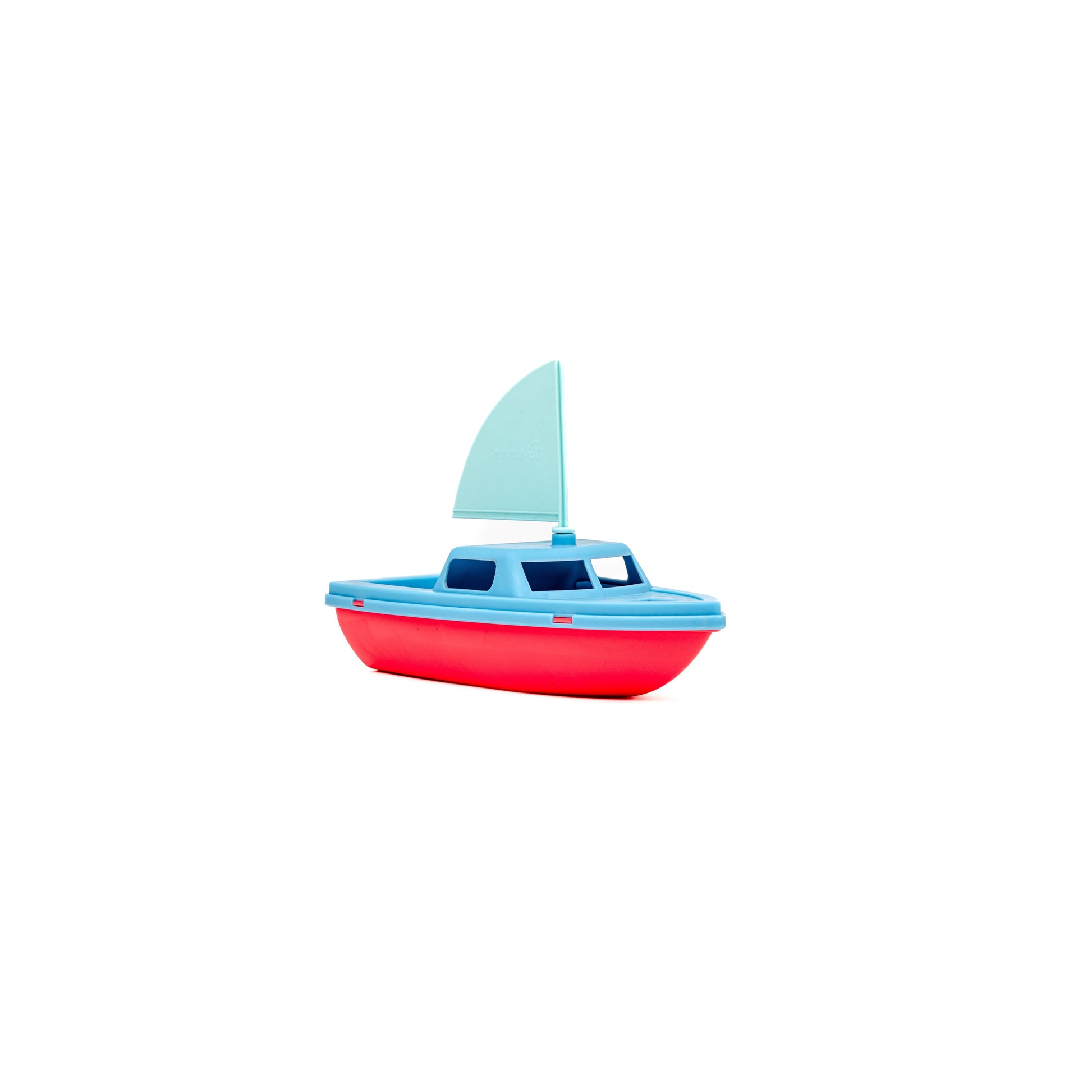 The Toysmith Mini Vehicle Boat, by Toysmith, features a blue top and sail with a red bottom, shown against a plain white background.