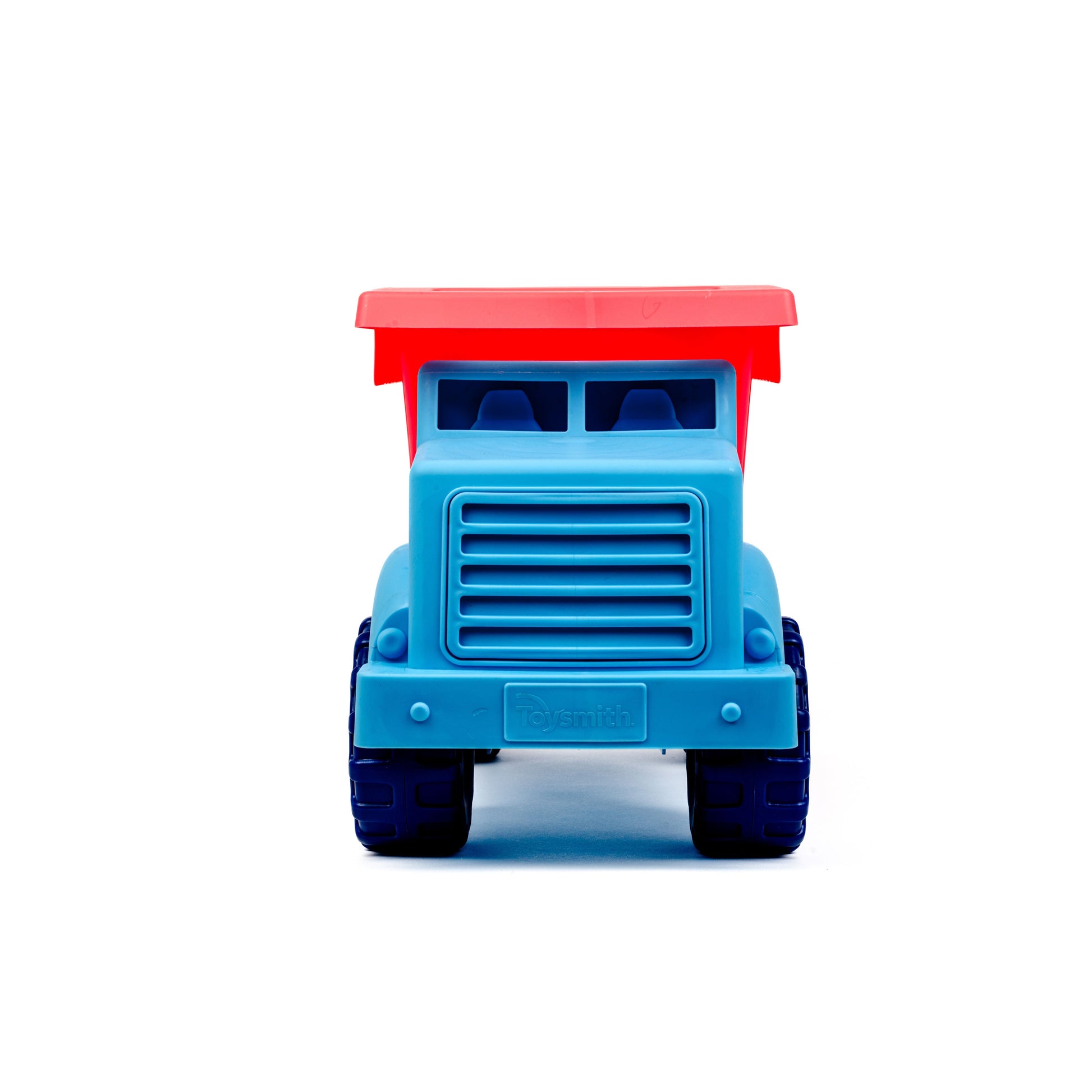 The Toysmith Large Dump Truck by Toysmith is a plastic toy truck with a red cab, blue body, and dark blue wheels, designed for outdoor play and shown from the front against a white background.