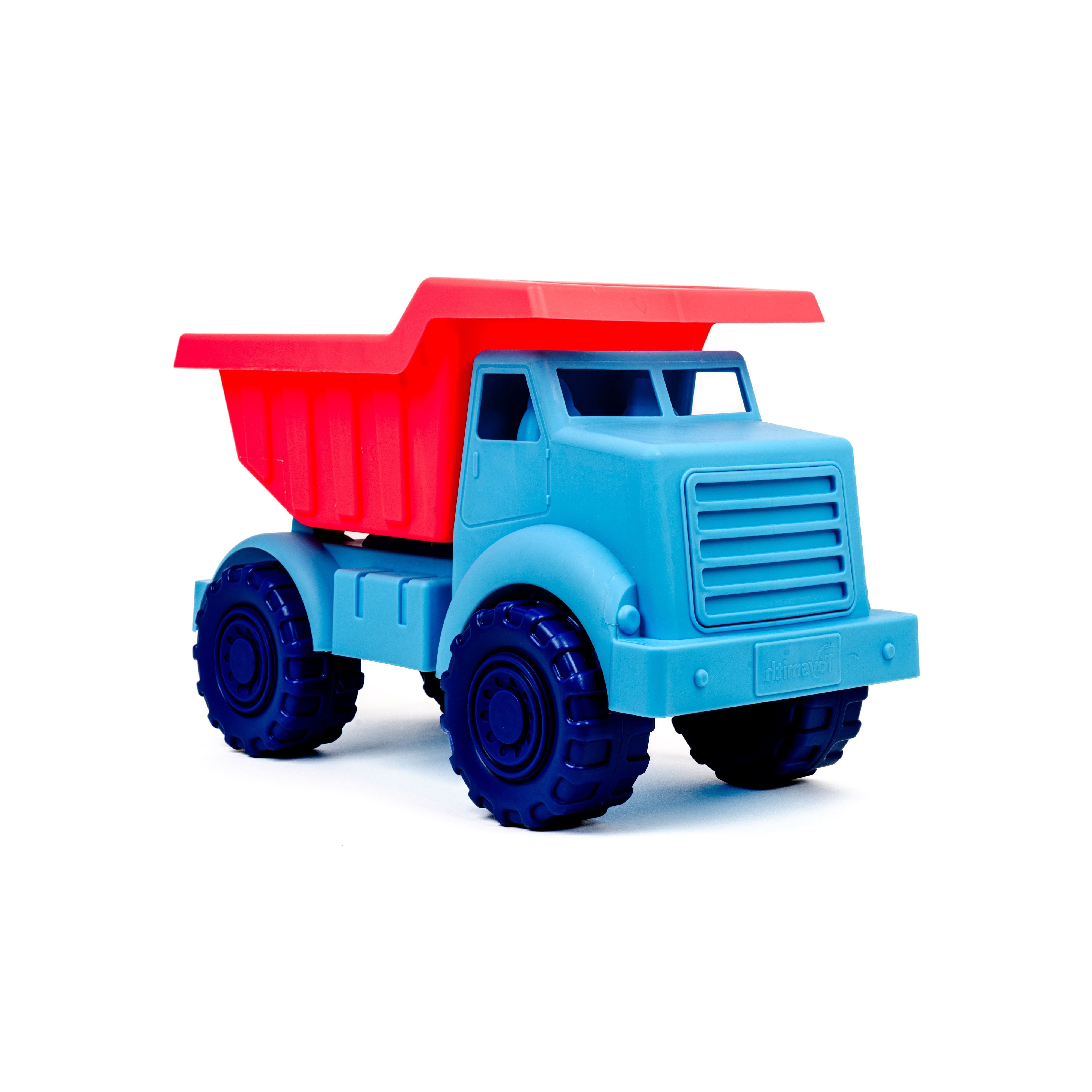 The Toysmith Large Dump Truck by Toysmith features a blue body, dark blue wheels, and a red dump bed—ideal for outdoor play. Shown on a white background.