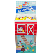 The Farm Fresh Barnyard Wind-Up Chicks FSDU display box features plush yellow chicks, cartoon chickens, a barnyard scene, and a red barn design, all branded under "Farm Fresh.