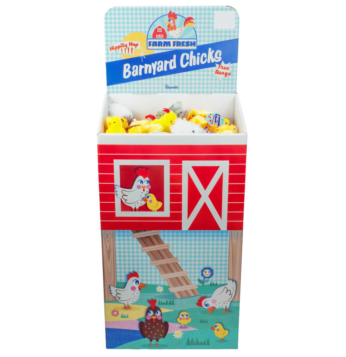 The Farm Fresh Barnyard Wind-Up Chicks FSDU display box features plush yellow chicks, cartoon chickens, a barnyard scene, and a red barn design, all branded under "Farm Fresh.