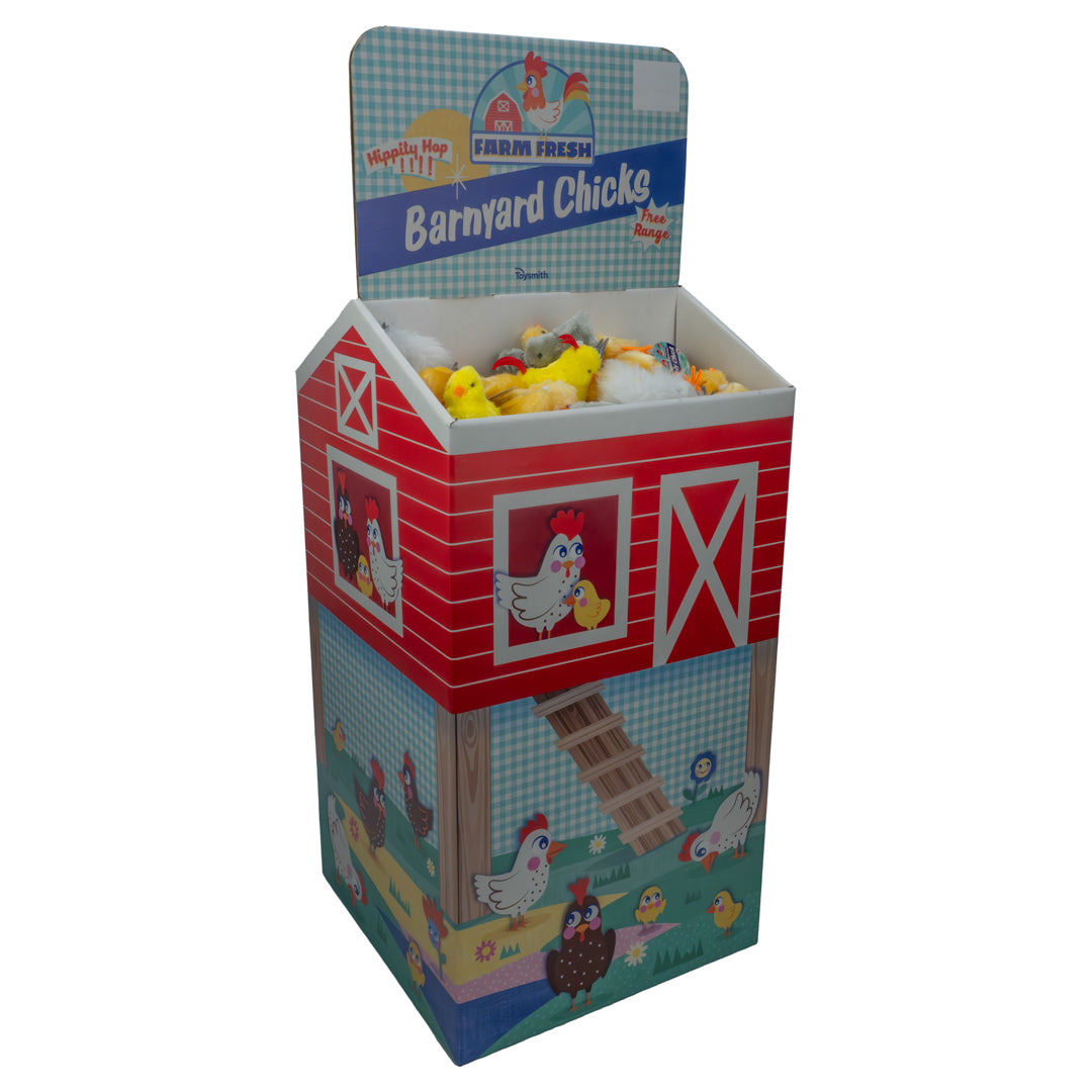 A red barn-shaped Farm Fresh Barnyard Wind-Up Chicks FSDU, featuring cartoon chickens, displays numerous small yellow chick toys. The top sign reads "Farm Fresh Barnyard Chicks," showcasing the Farm Fresh brand.