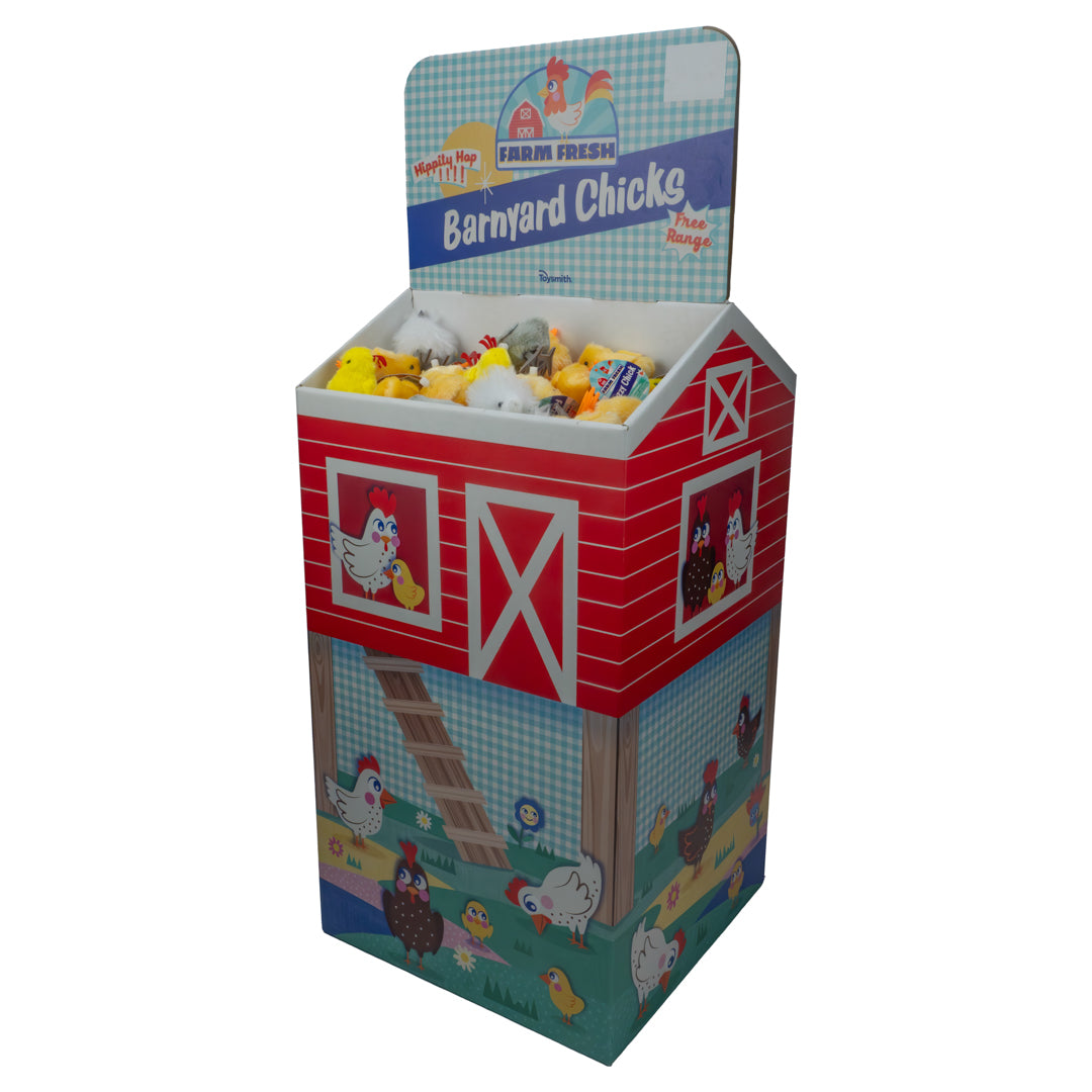 The Farm Fresh Barnyard Wind-Up Chicks FSDU display box by Farm Fresh features a farm-themed design with chickens and chicks, perfect for showcasing assorted collectible plush wind-up chicks.