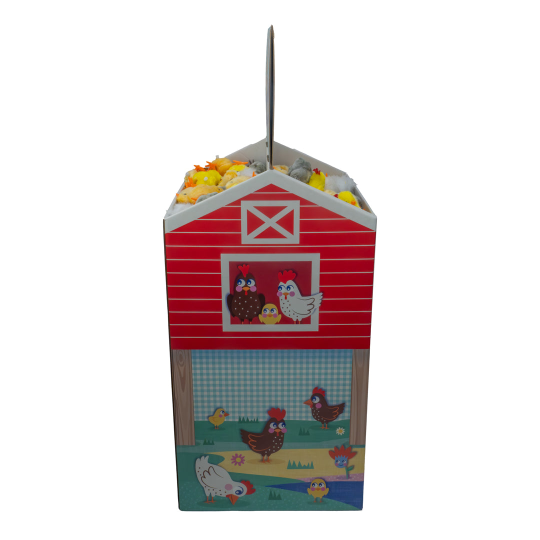 The Farm Fresh Barnyard Wind-Up Chicks FSDU features a barn-shaped box with charming chicken and chick graphics, fuzzy wind-up chicks peeking from the top, and a handy central handle—perfect for showcasing Farm Fresh products.