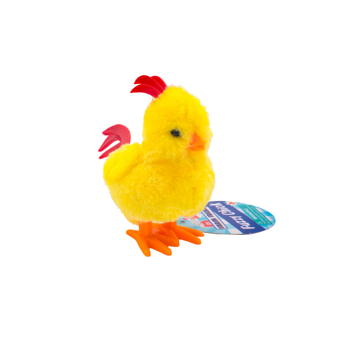 A Farm Fresh Barnyard Wind-Up Chick—a small, plush yellow toy with orange feet, red comb and tail, and a blue tag—perfect for Easter baskets; shown against a white background.