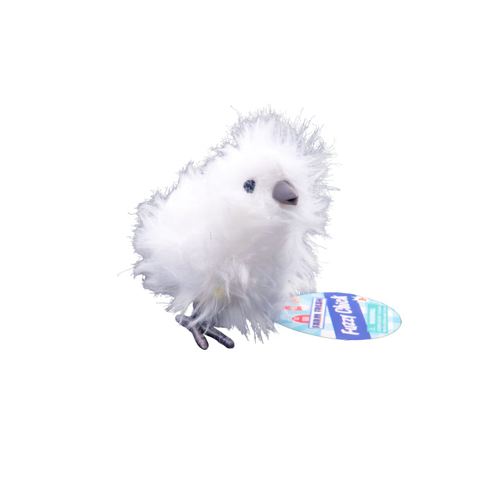 Farm Fresh Barnyard Wind-Up Chicks by Farm Fresh: a small, fluffy white bird plush with gray beak and legs, standing upright. Ideal for Easter baskets, it has a “Feather Baby” tag on its foot. Displayed on a plain white background.