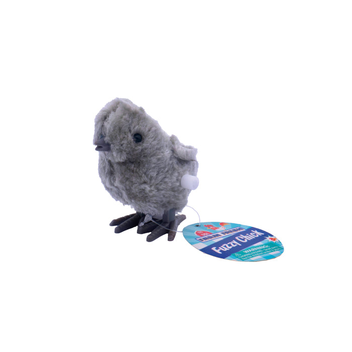 A small, gray, fluffy Farm Fresh Barnyard Wind-Up Chick with a white key and a round Fuzzy Chick tag on its foot—perfect for Easter baskets—shown against a white background.