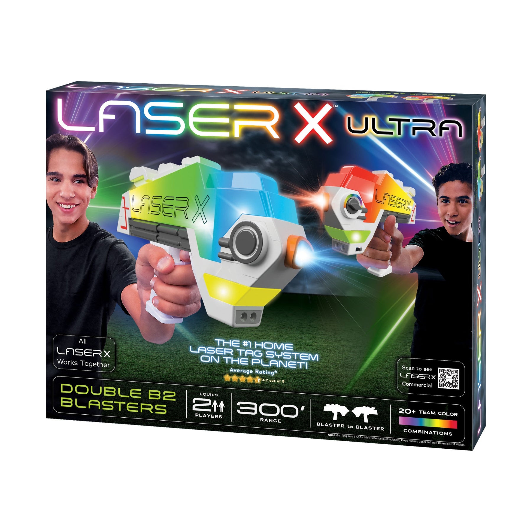 The NSI Laser X Ultra Double B2 Blasters includes 2 blasters with a 300-foot range and four team colors, perfect for exciting group laser tag play.