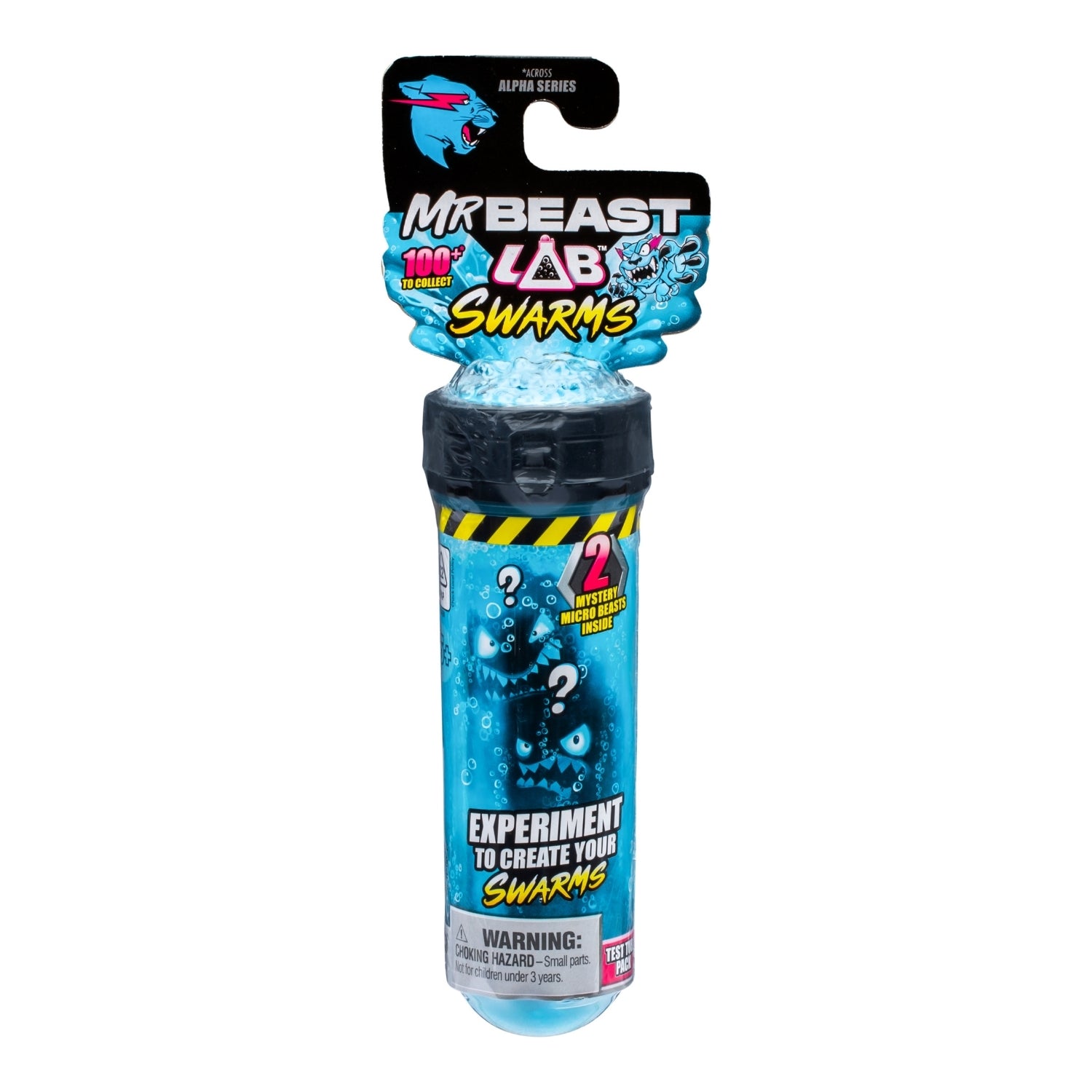 Mr Beast Lab Swarms toy packaging with blue and black design on a white background