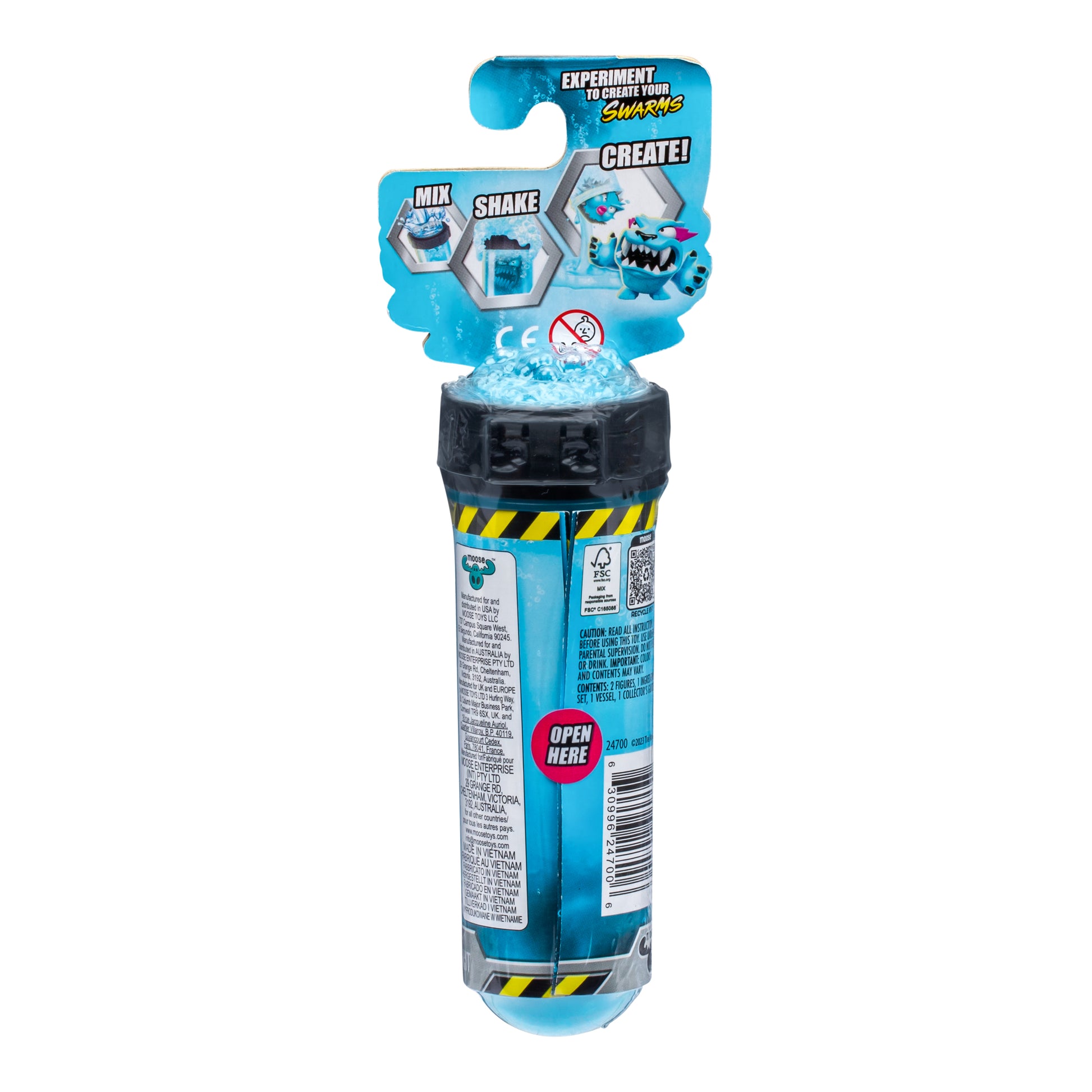 Toy packaging with blue and black design on a white background