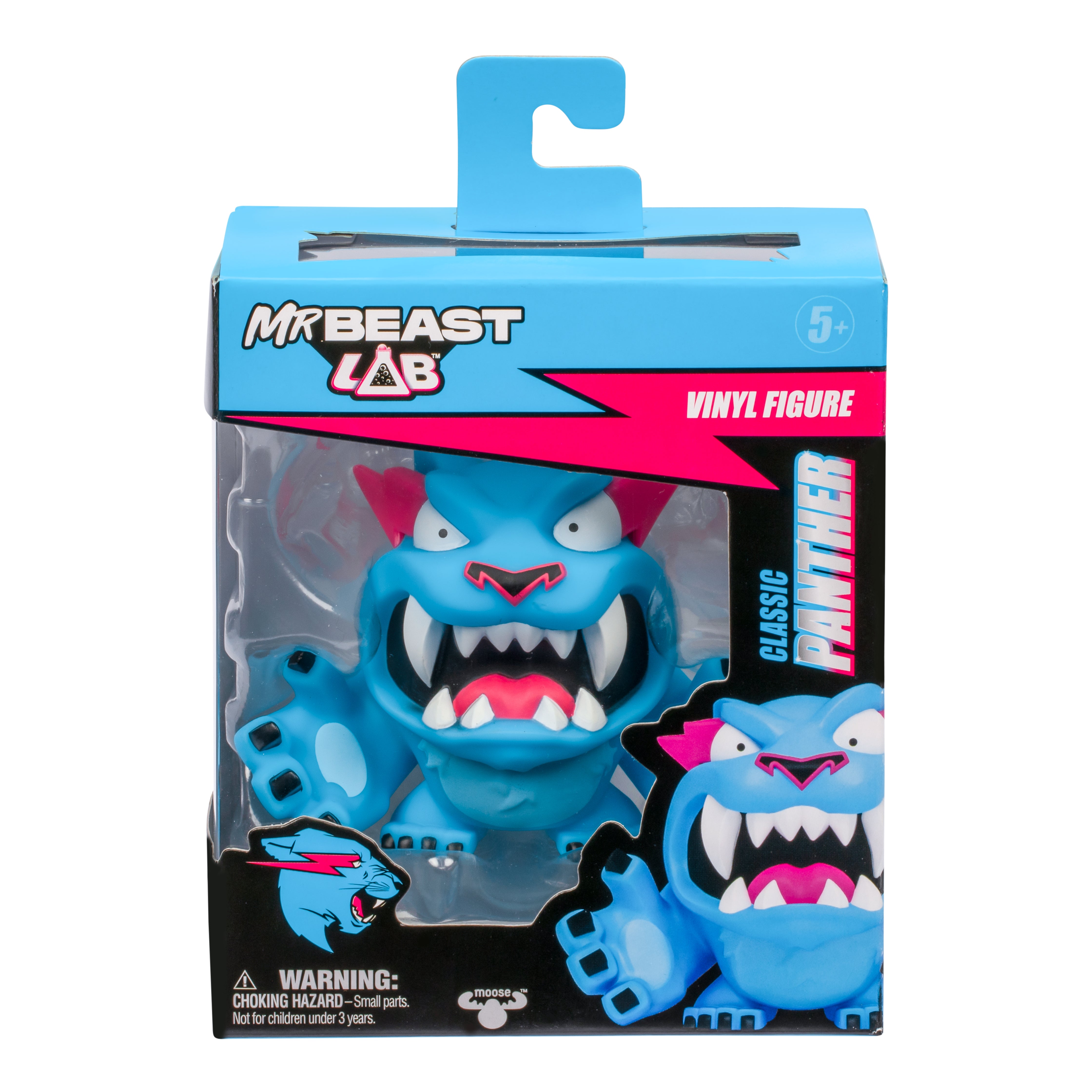 The MrBeast Lab Vinyl Figures “Classic Panther” features a blue cartoon panther with sharp teeth, pink ears, and an angry look. Packaged in a blue and black box with warning labels.